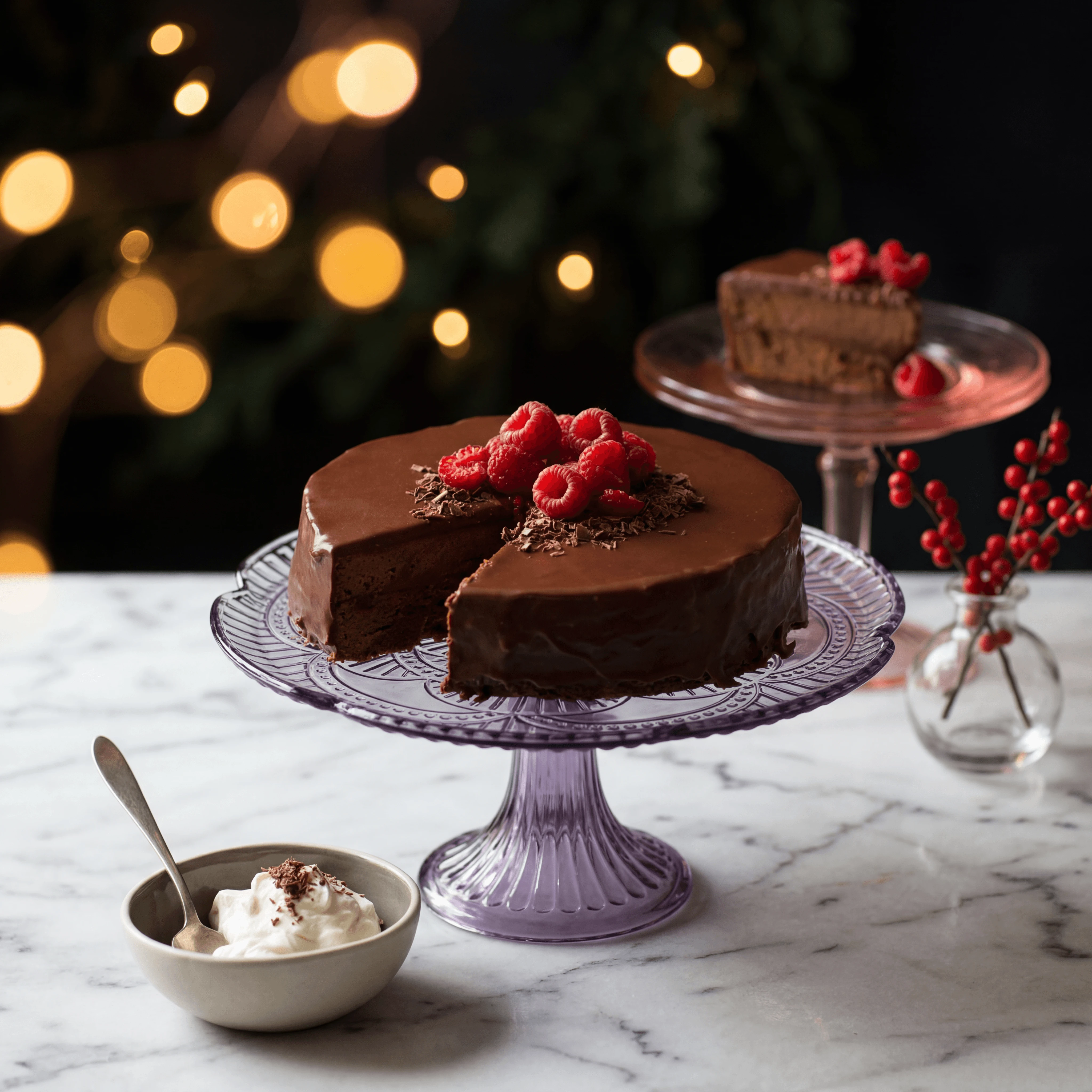 Whole Austrian chocolate-apricot torte with mirror glaze — chocolate layer cake photography