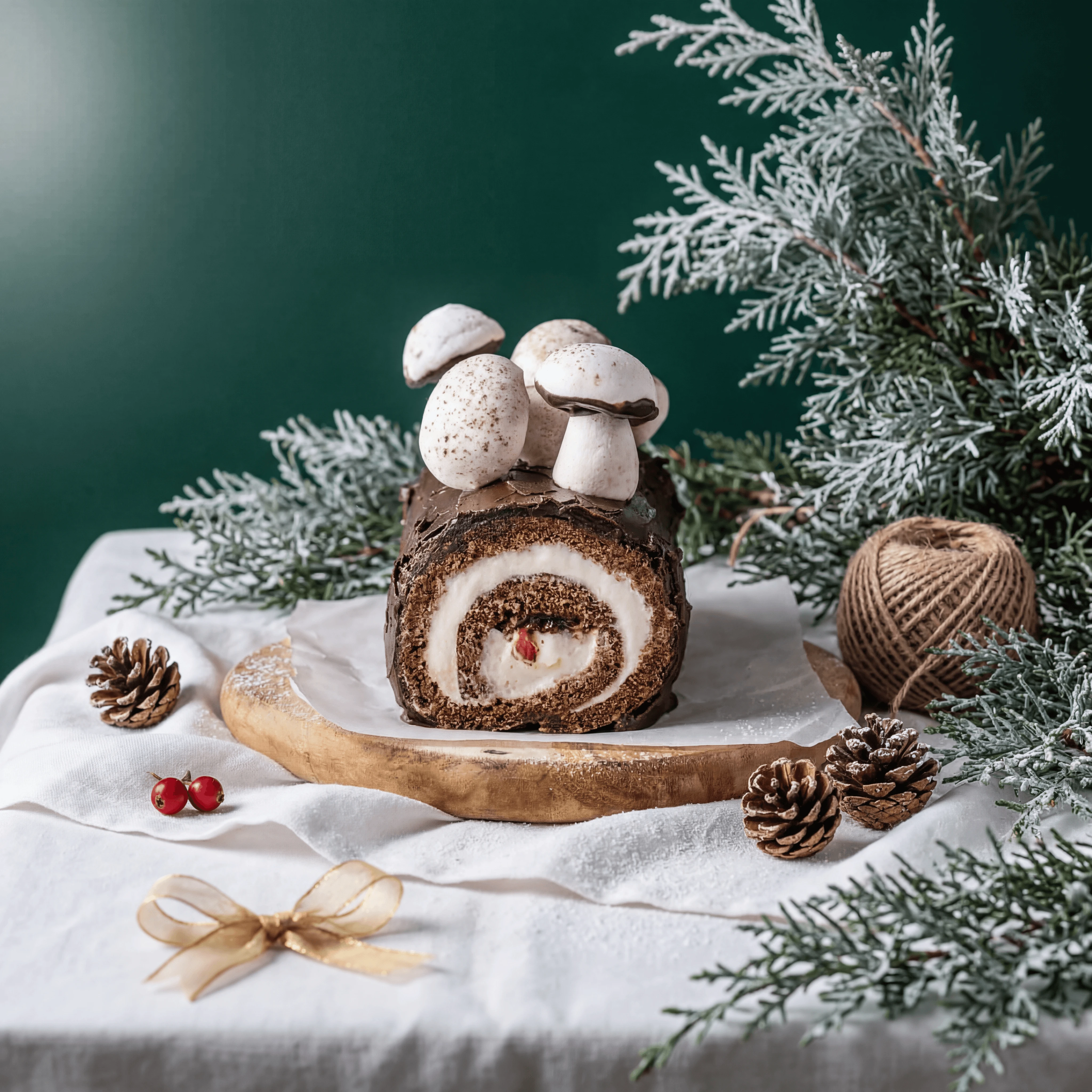 Whole chocolate Buche de Noel with meringue mushrooms and bark texture — Yule log cake photography