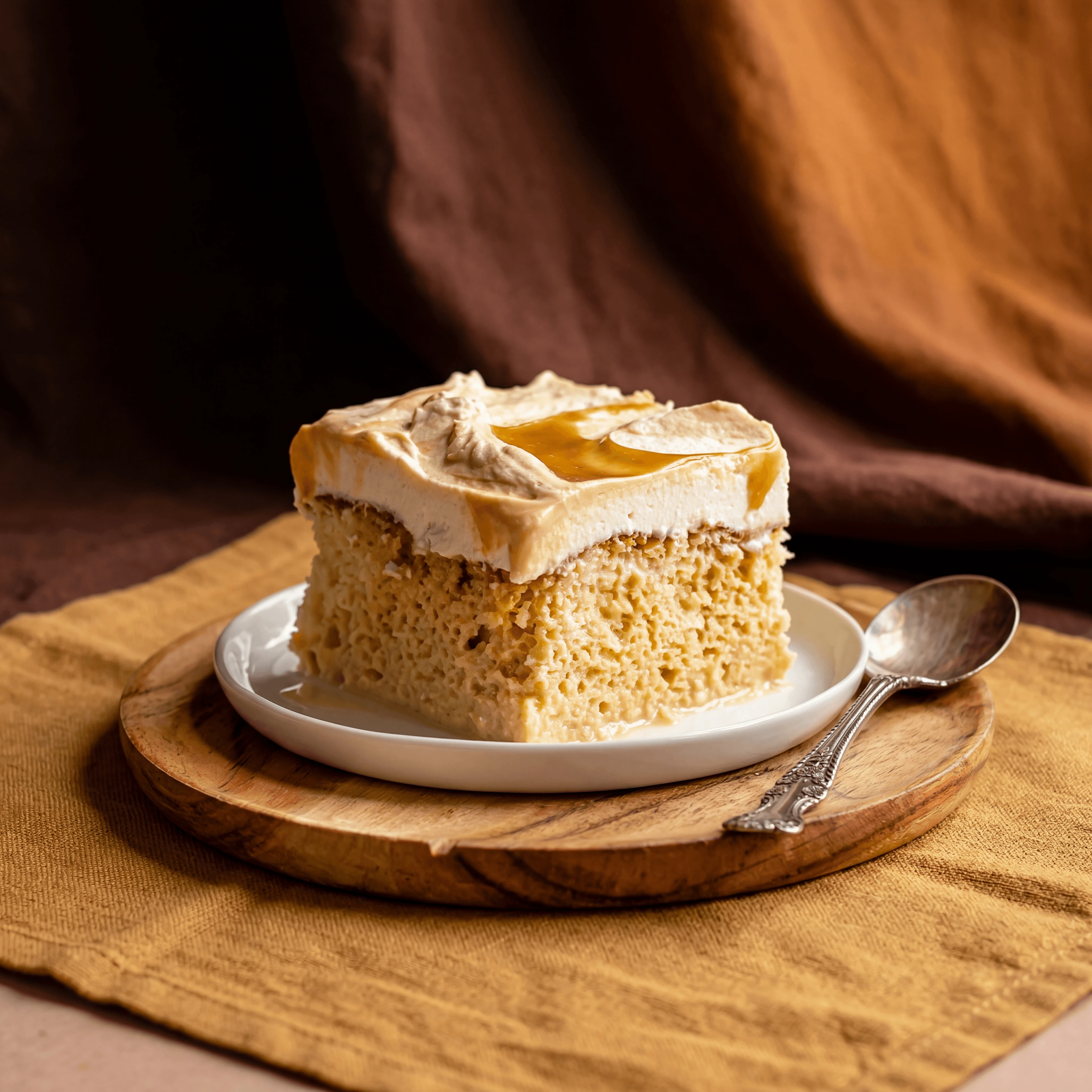 Whole tres leches cake with caramel drizzle and cinnamon dust — tres leches cake photography