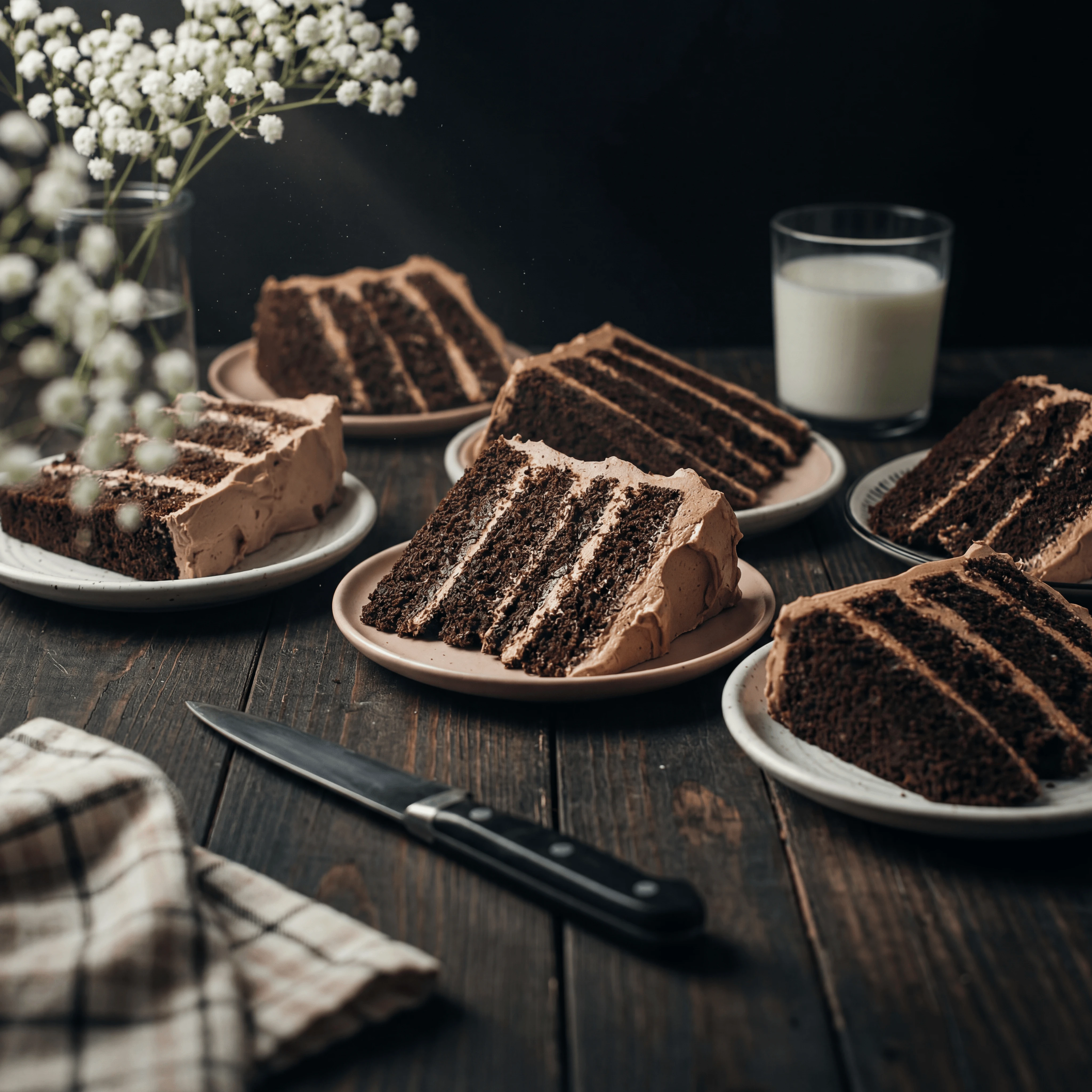 Glossy chocolate ganache layer cake cross-section showing four dark layers — chocolate cake photography
