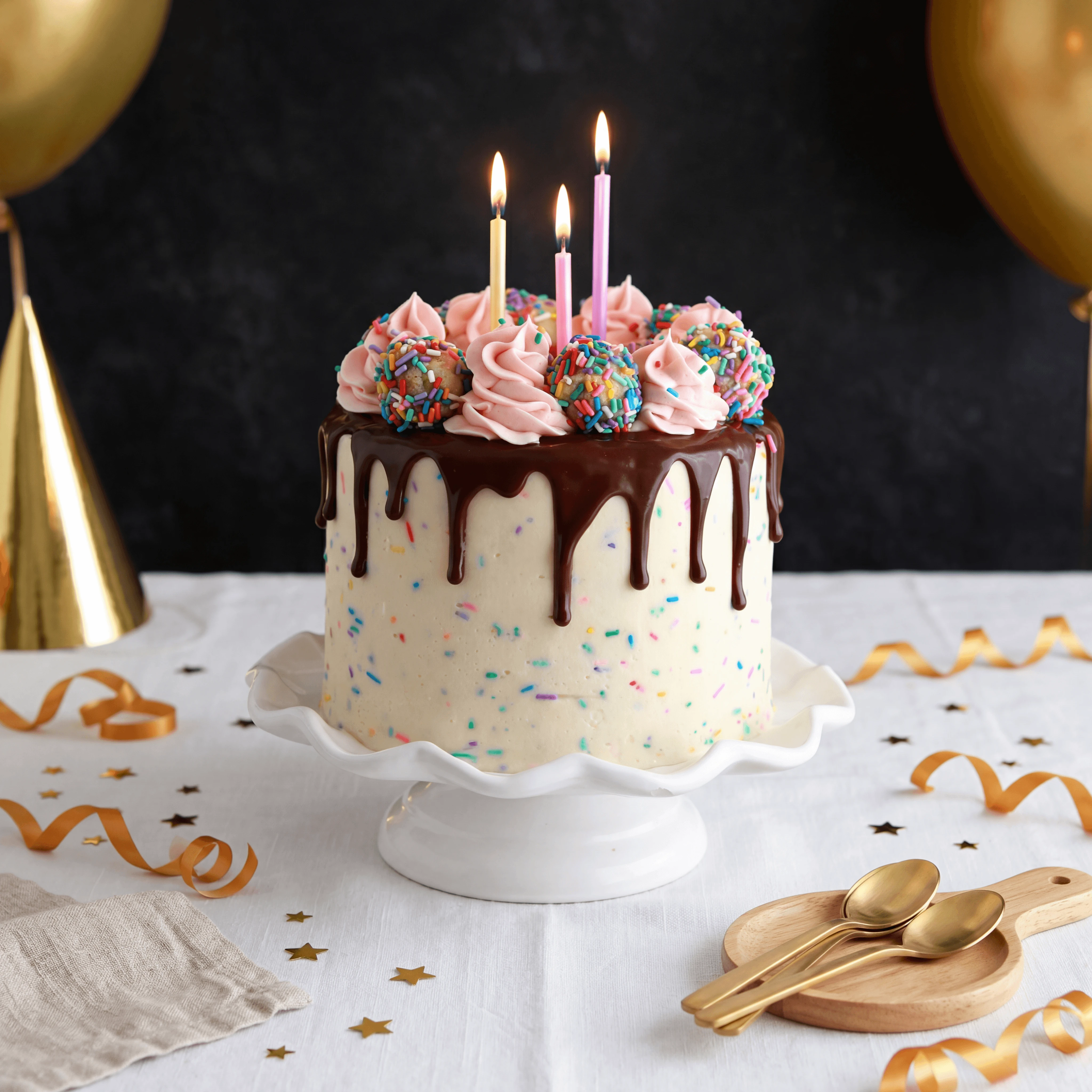 Funfetti birthday cake whole with lit candles and rainbow sprinkles — birthday cake photography