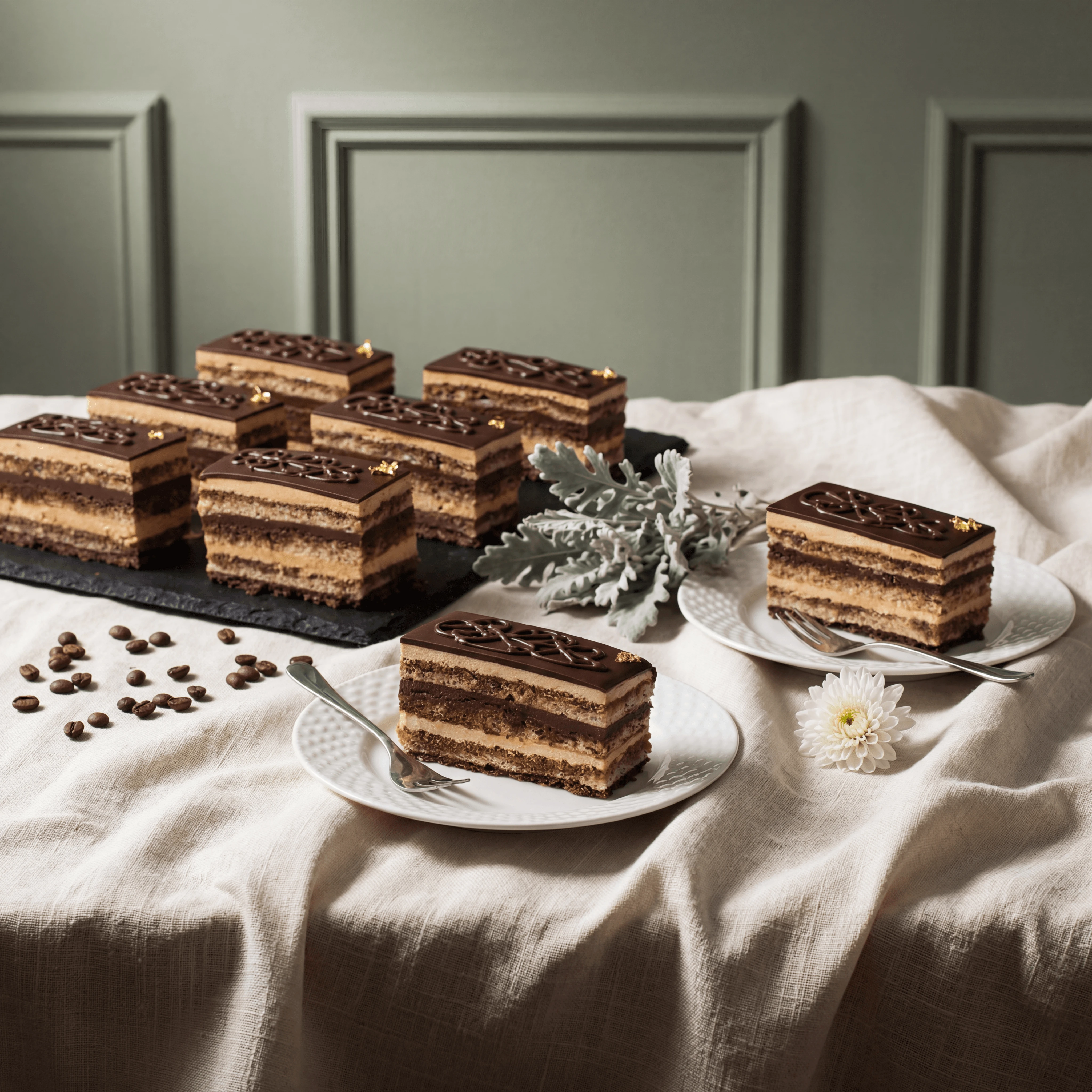French Opera cake slab top view with chocolate glaze and gold leaf — patisserie cake photography