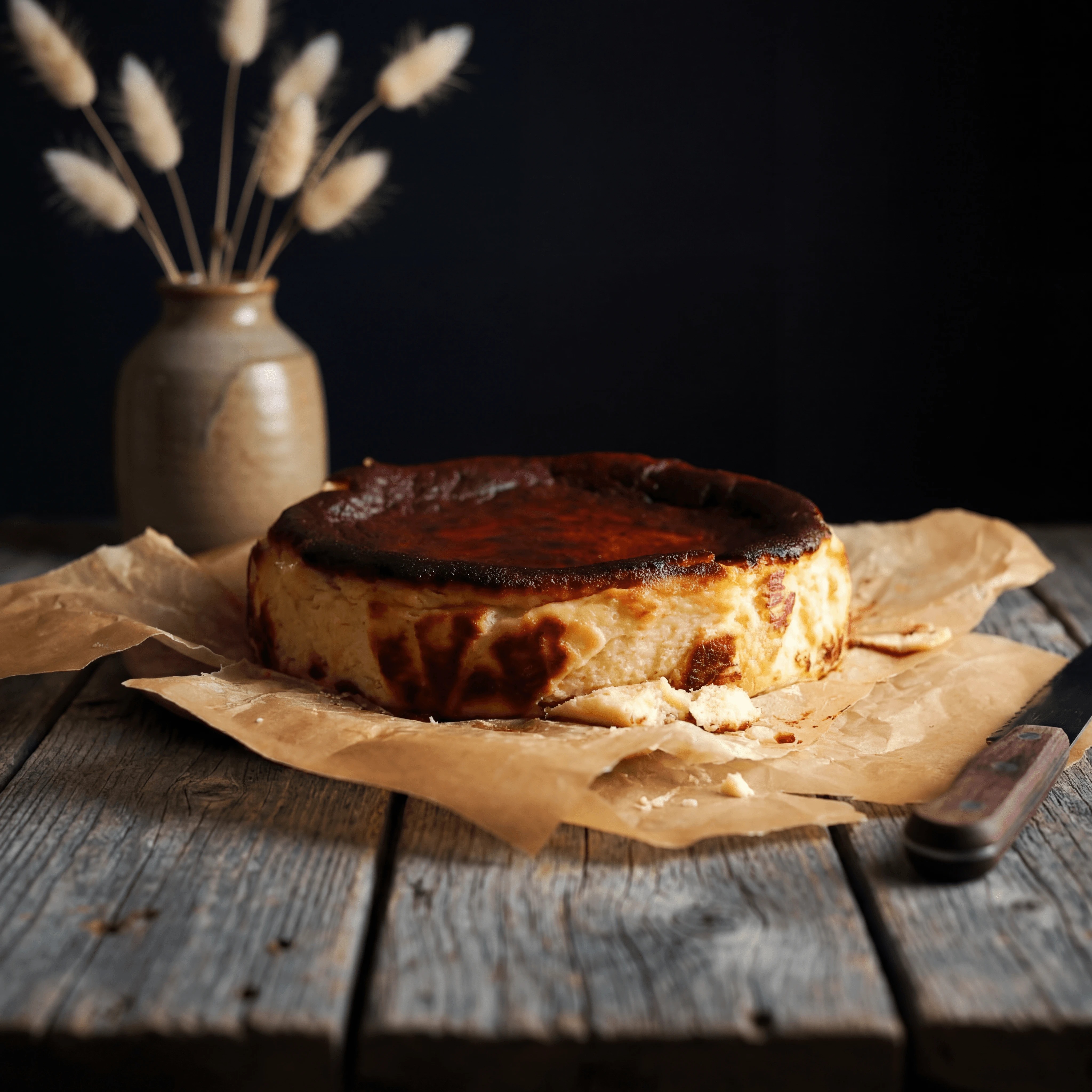 Whole burnt Basque cheesecake with deeply caramelized dark top — basque cheesecake photography