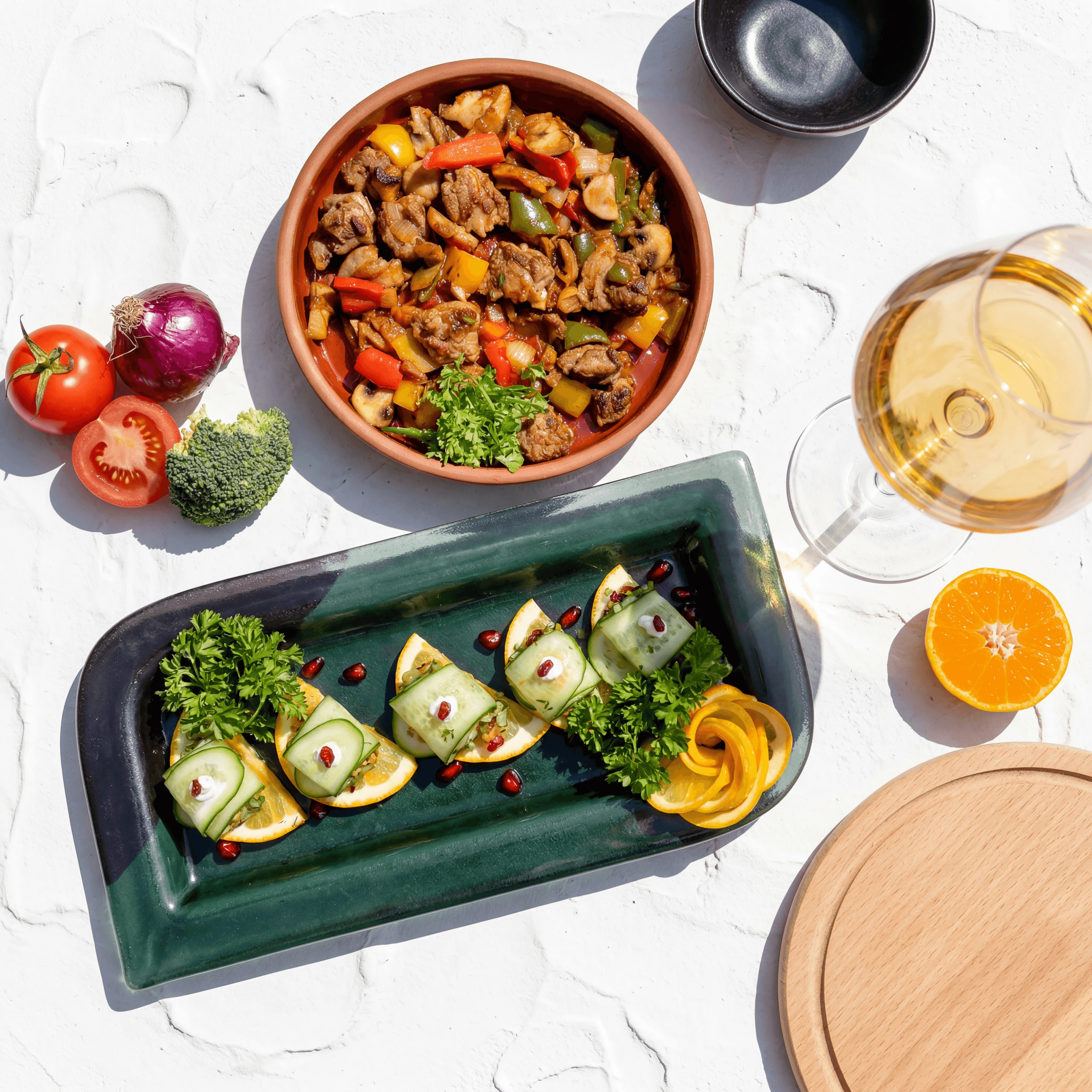 Grilled halloumi and vegetable sharing platter on terracotta dish — Mediterranean family-style catering photography