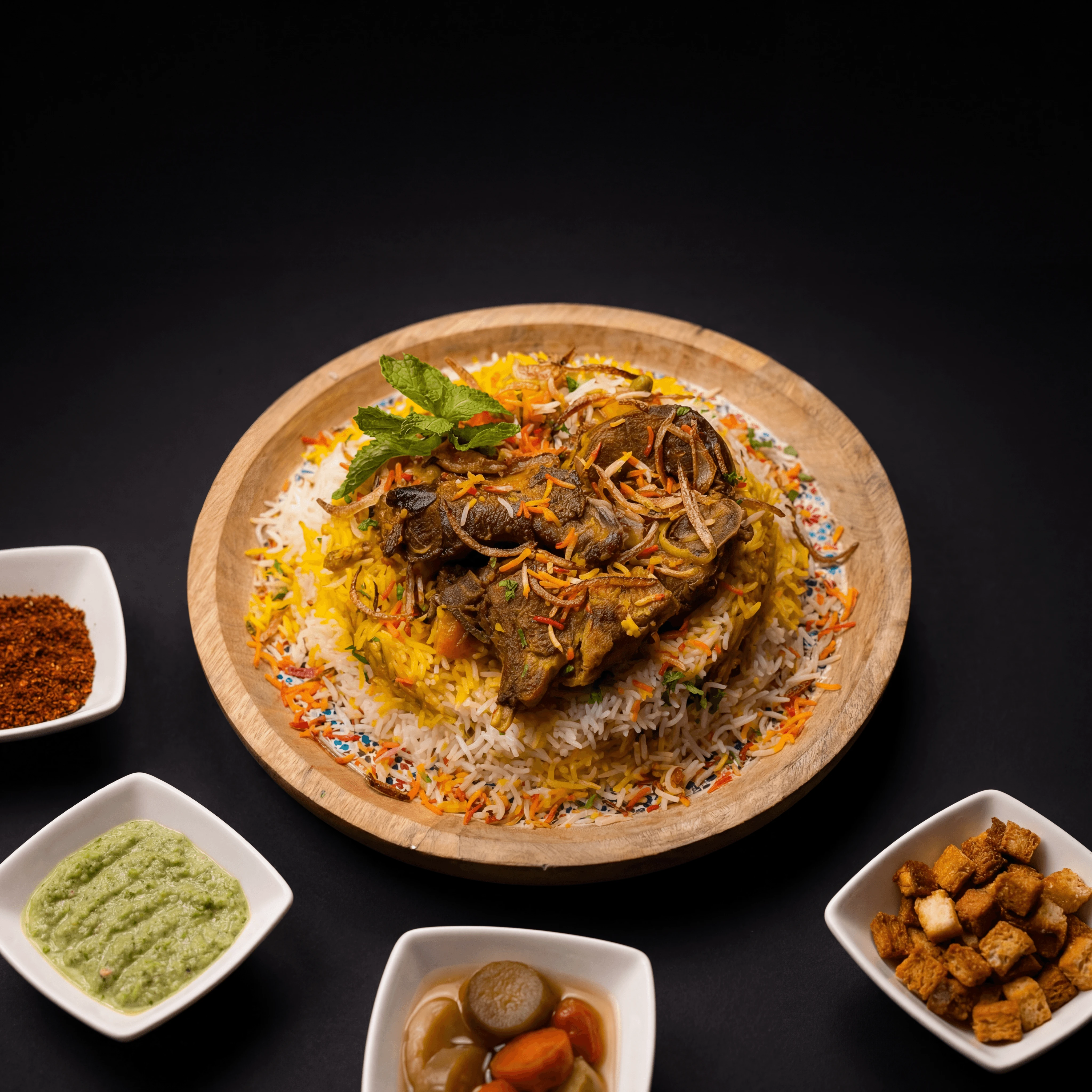 Mughlai dum biryani in copper handi pot with saffron rice and lamb — Indian wedding buffet catering photography