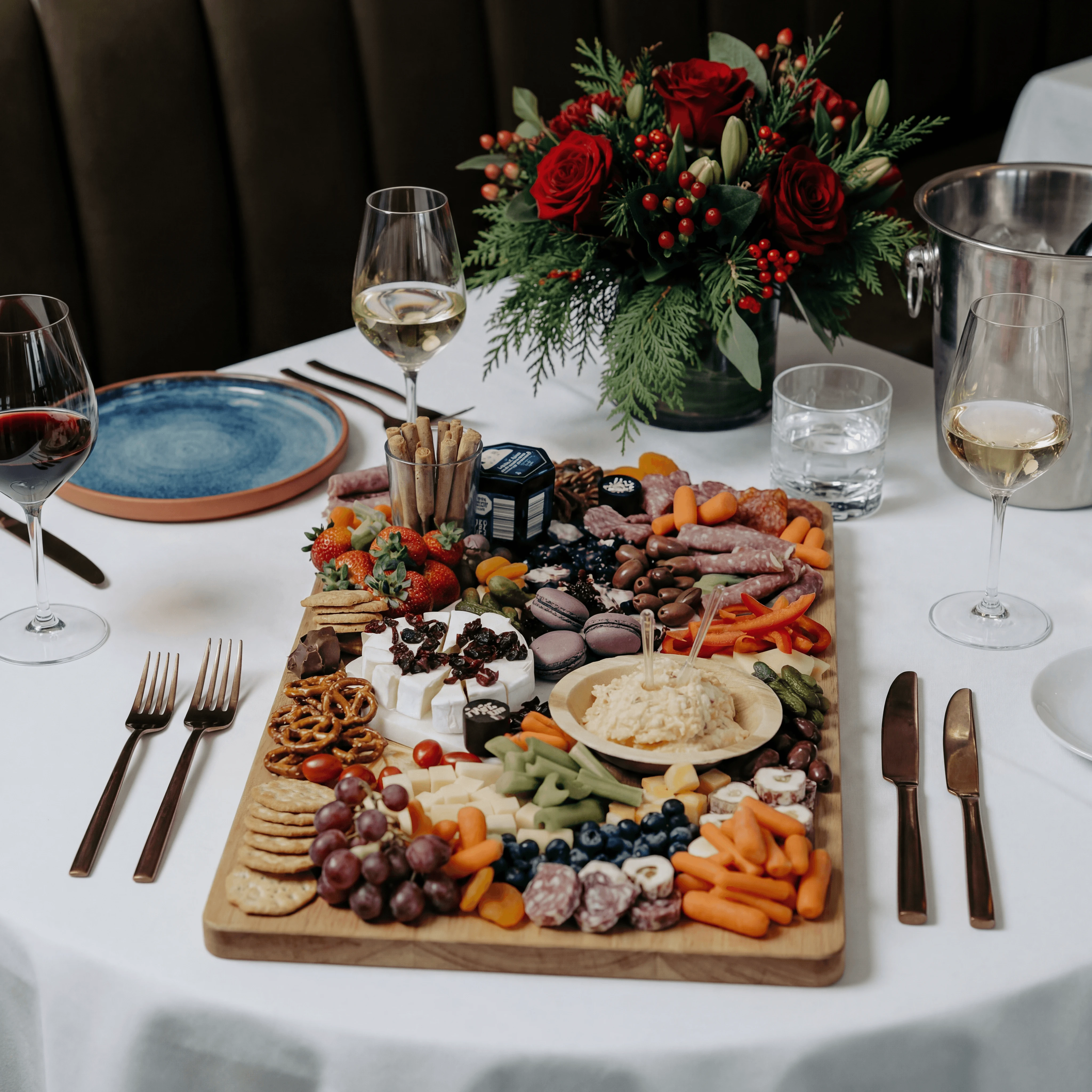 Artisan cheese and charcuterie sharing platter with Stilton, Cheddar, and bresaola — British catering board photography