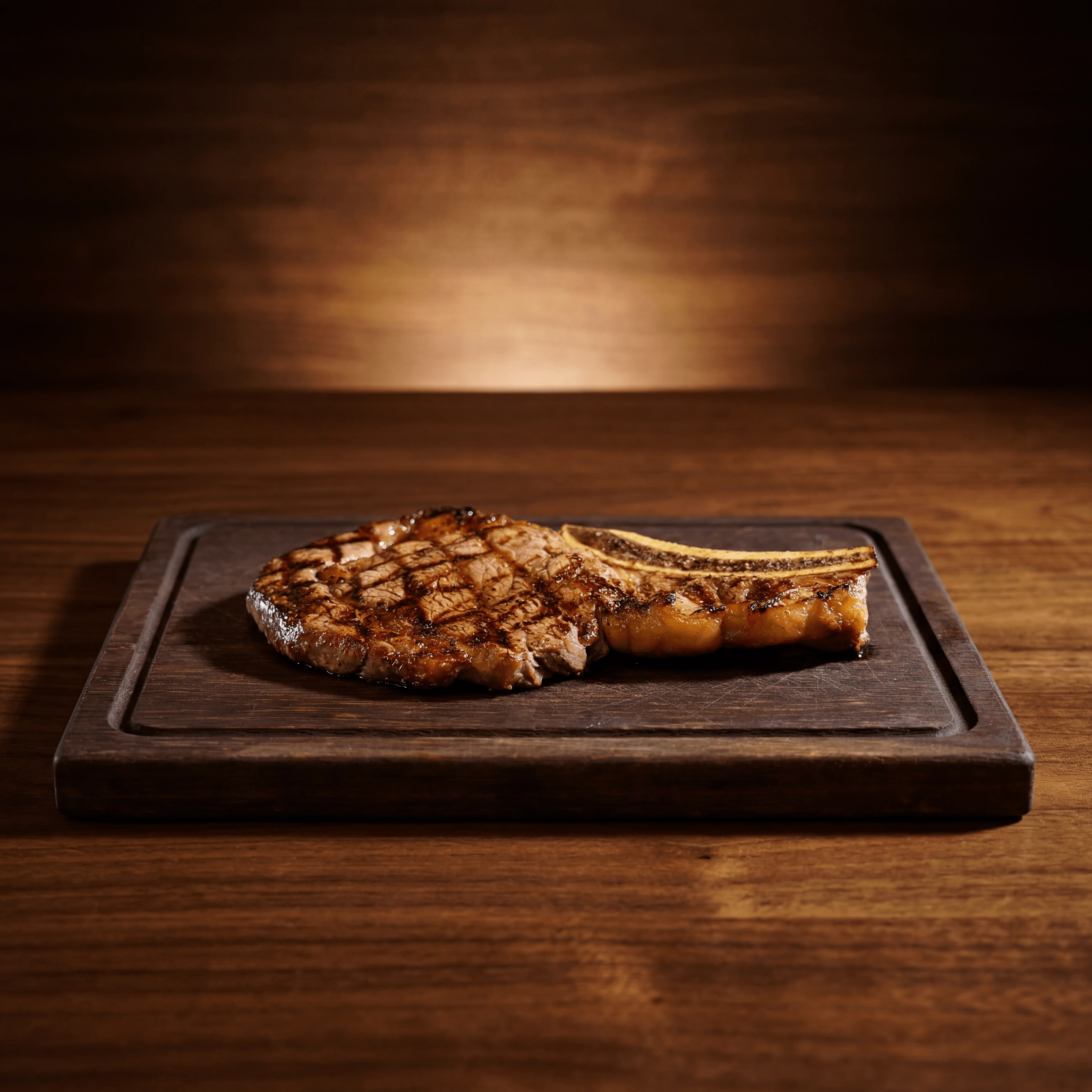 Herb-crusted prime rib roast on walnut carving board with au jus — event buffet carving station photography