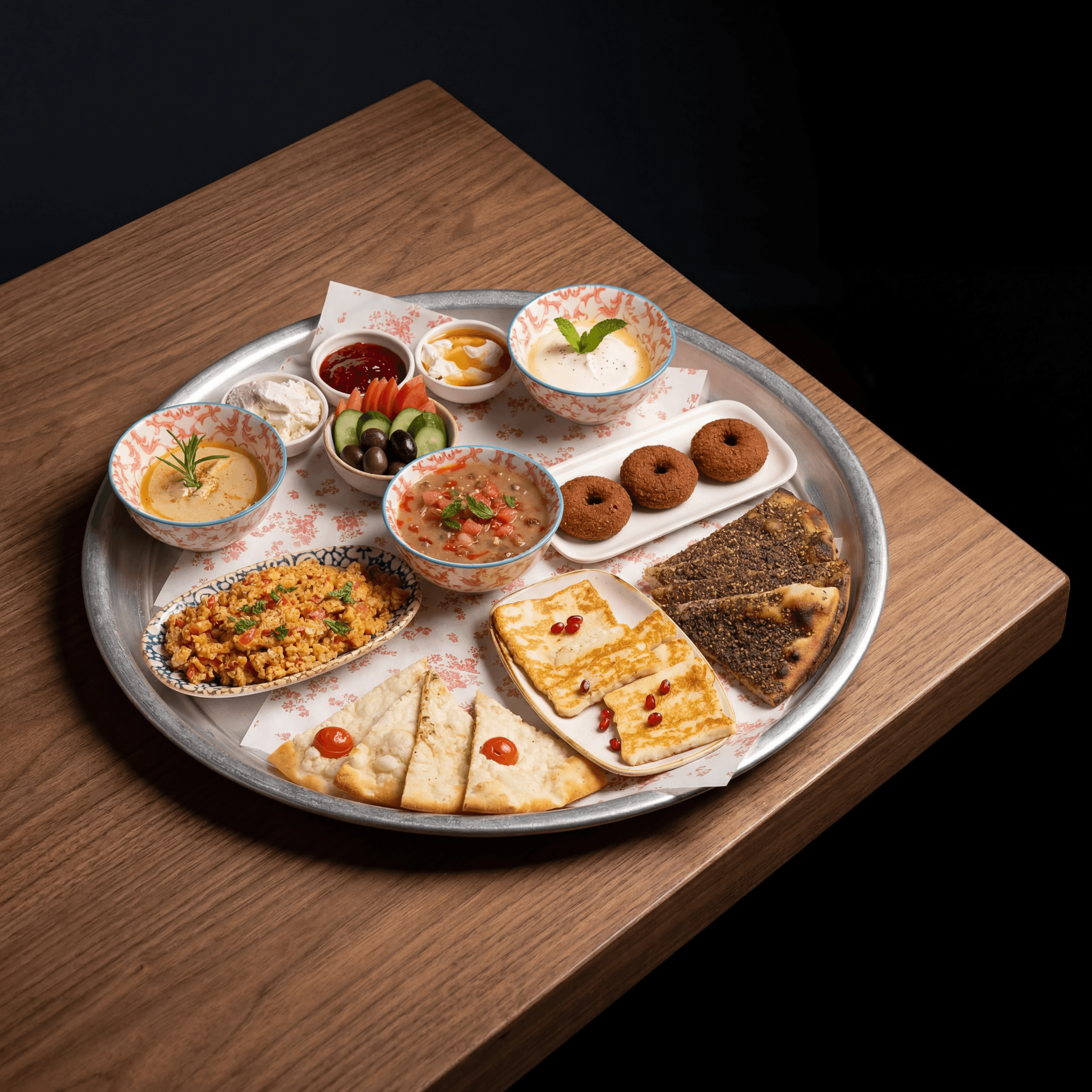 Turkish mezze platter on hammered-copper tray with hummus, dolma, and flatbread — wedding reception catering photography