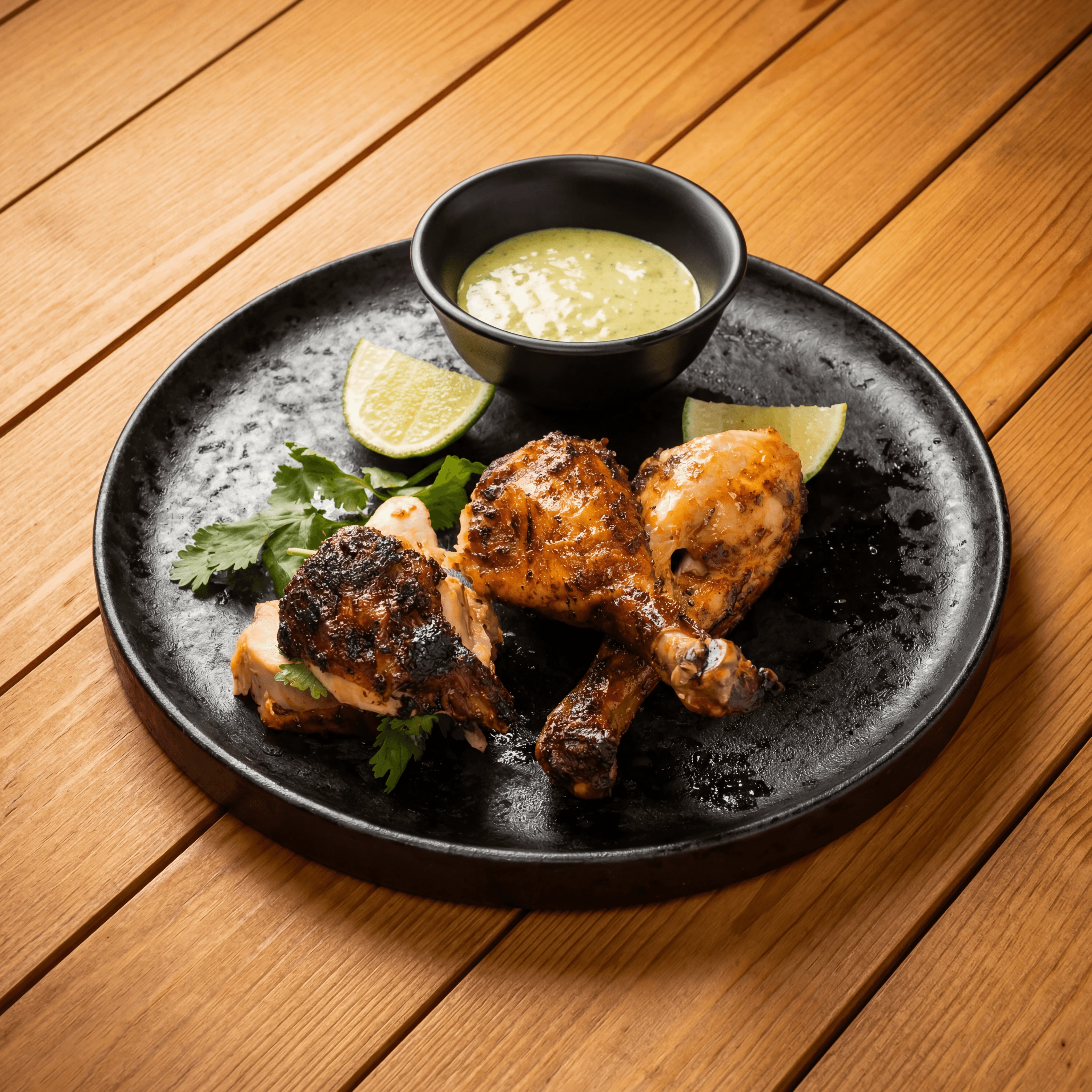 Peruvian pollo a la brasa rotisserie chicken aji verde green sauce — rotisserie chicken photography