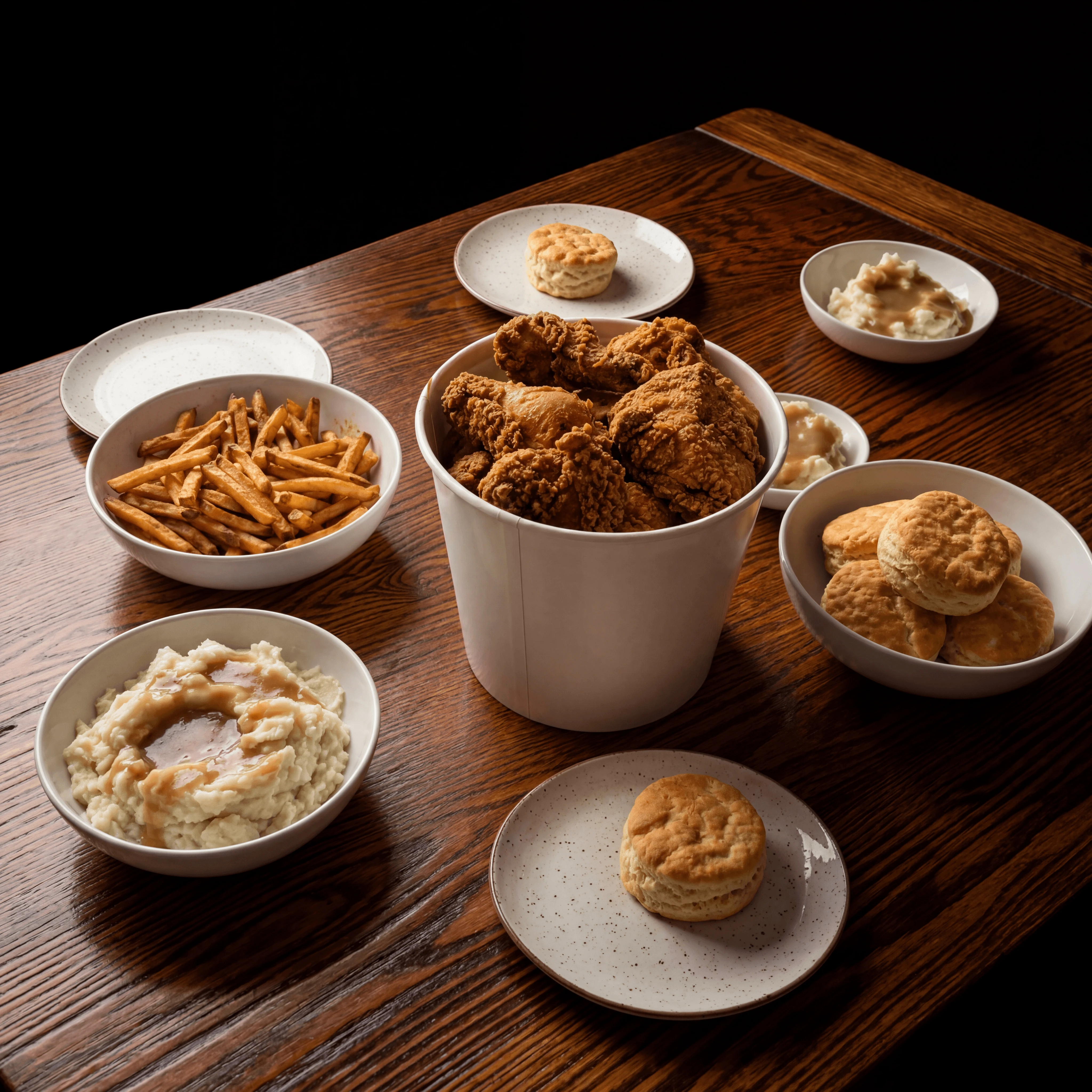 Fried chicken family meal bucket biscuits mashed potatoes coleslaw spread — chicken family meal photography