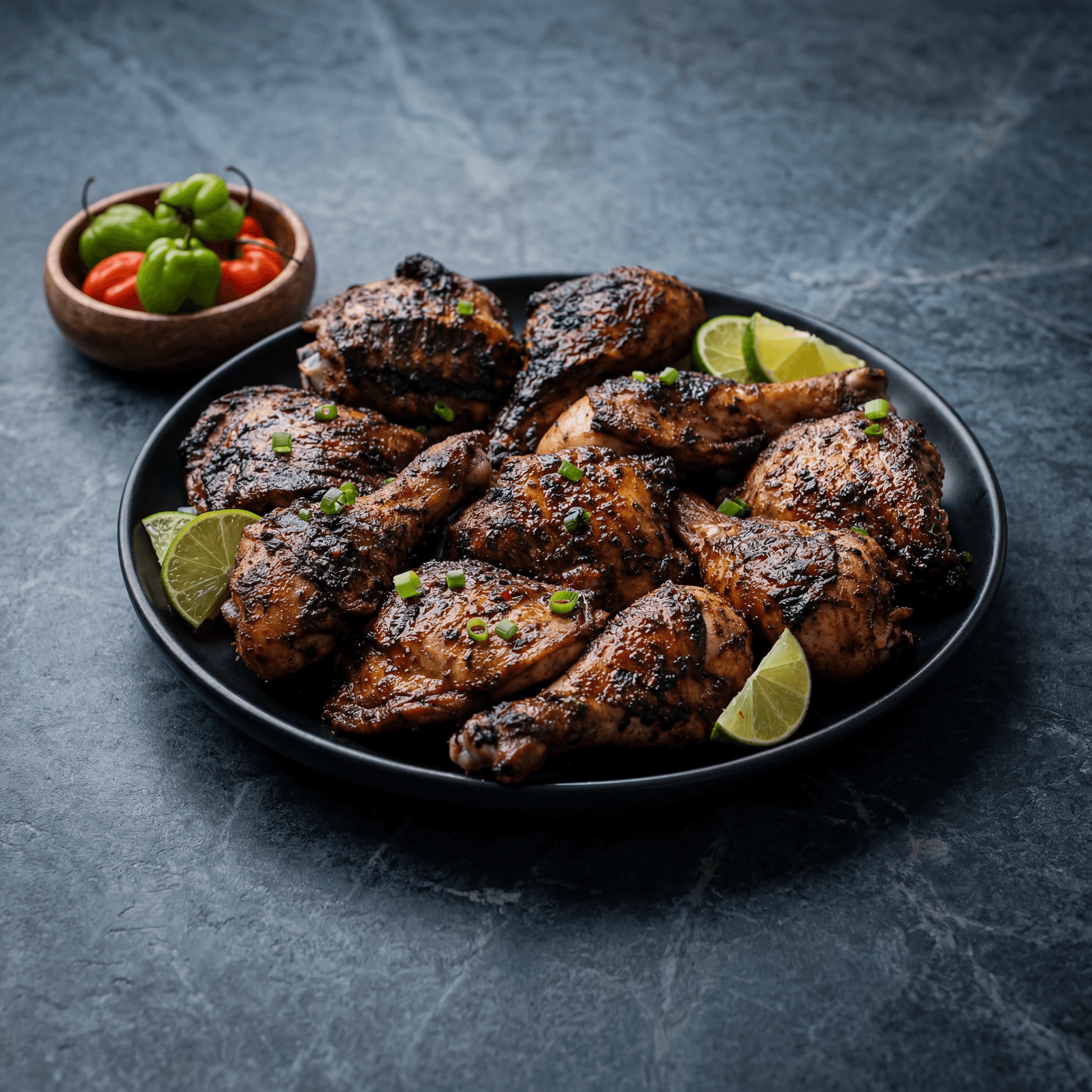 Jamaican jerk chicken charred dark spice rub plantains lime — jerk chicken photography