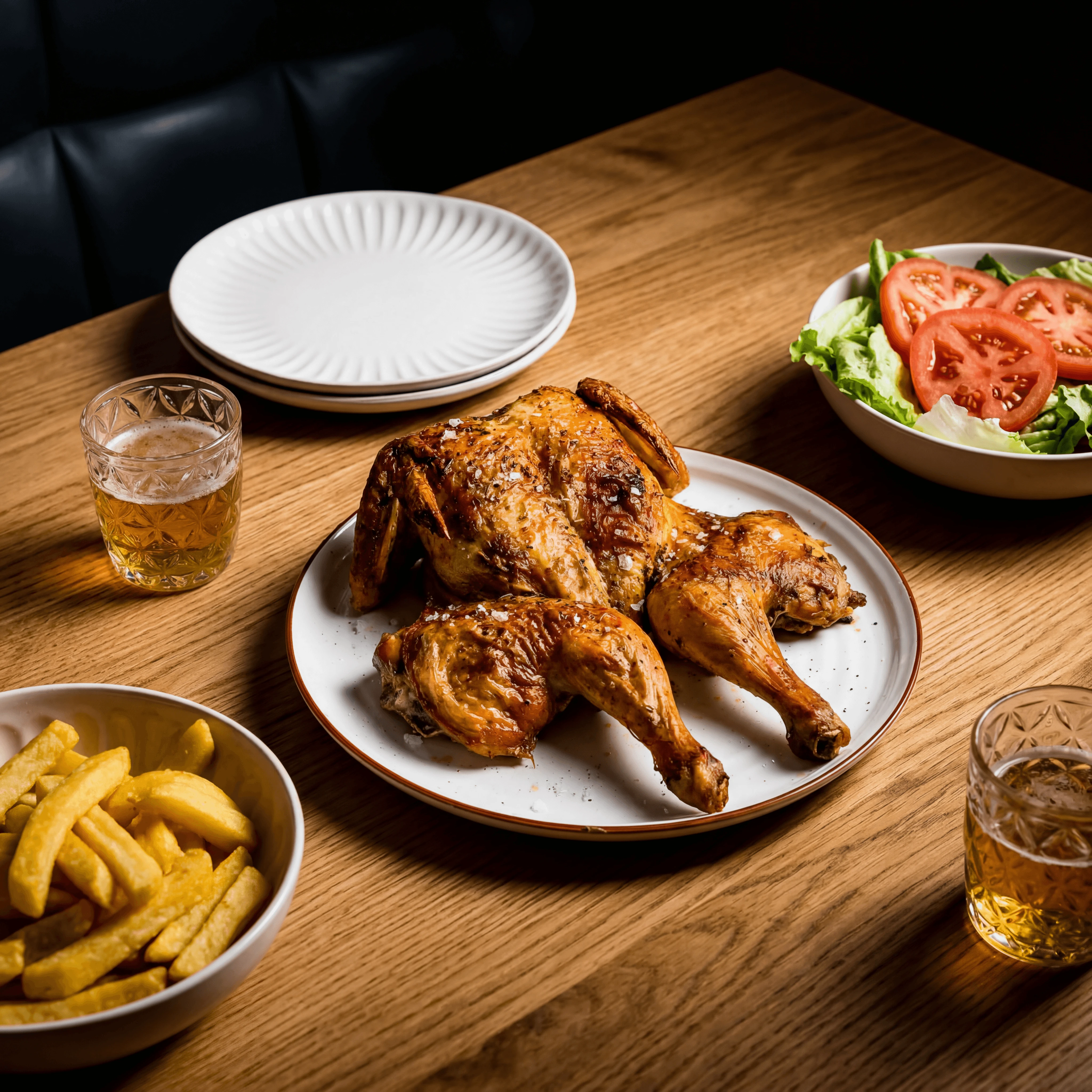 Peruvian rotisserie chicken half mahogany skin salt herbs — rotisserie chicken photography