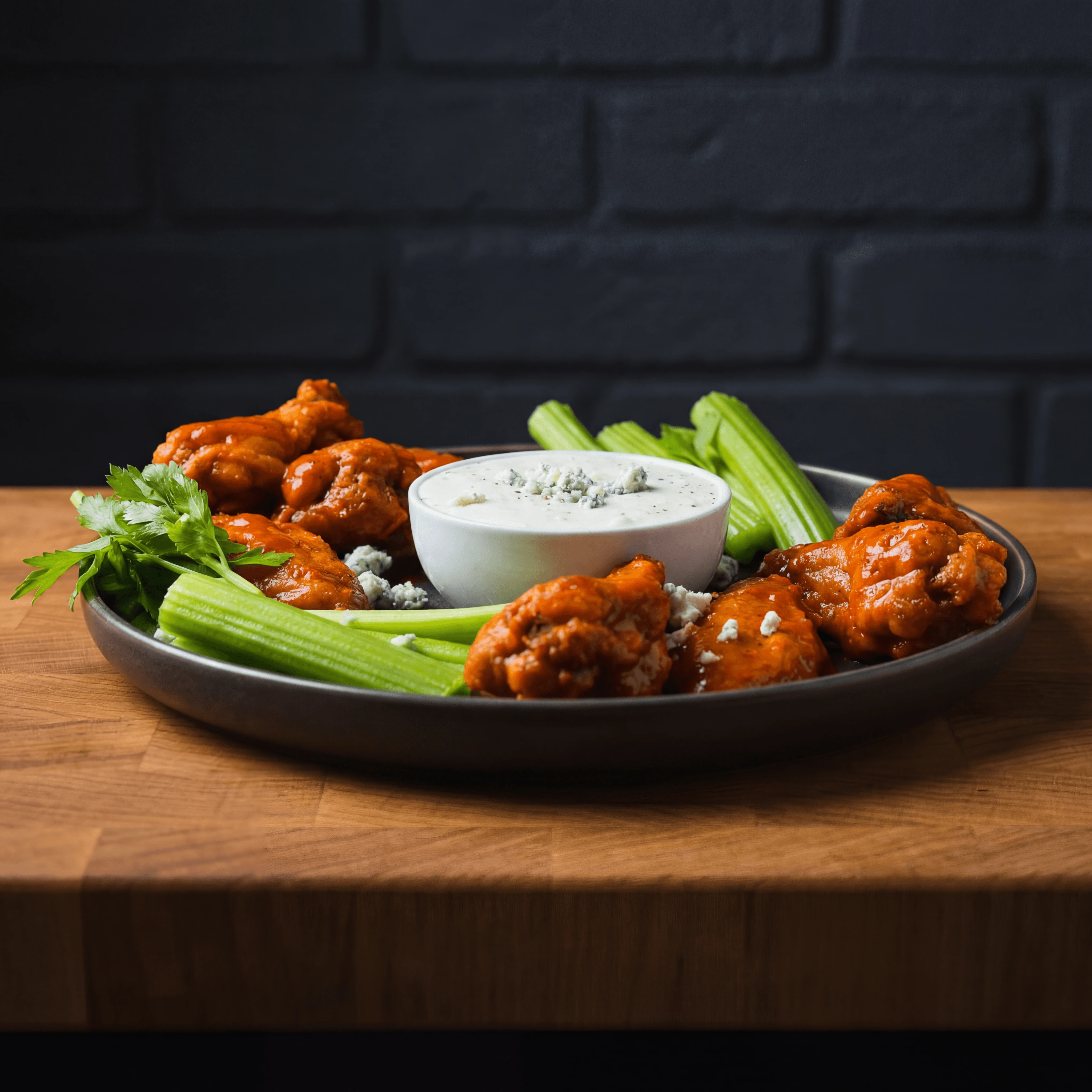 Buffalo wings platter blue cheese celery dipping sauce — sports bar chicken photography