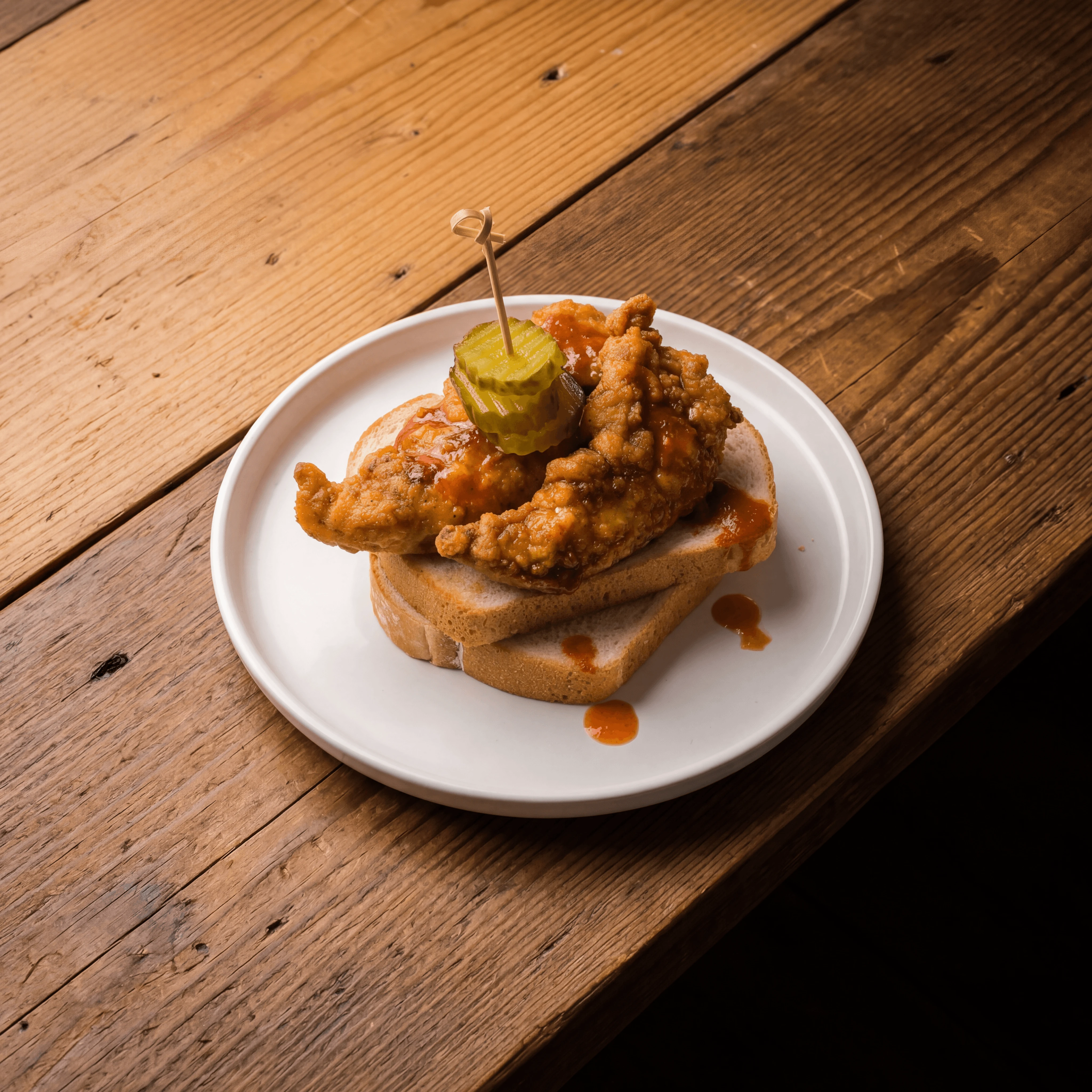 Nashville hot chicken tender white bread pickles fiery red orange crust — Nashville hot chicken photography