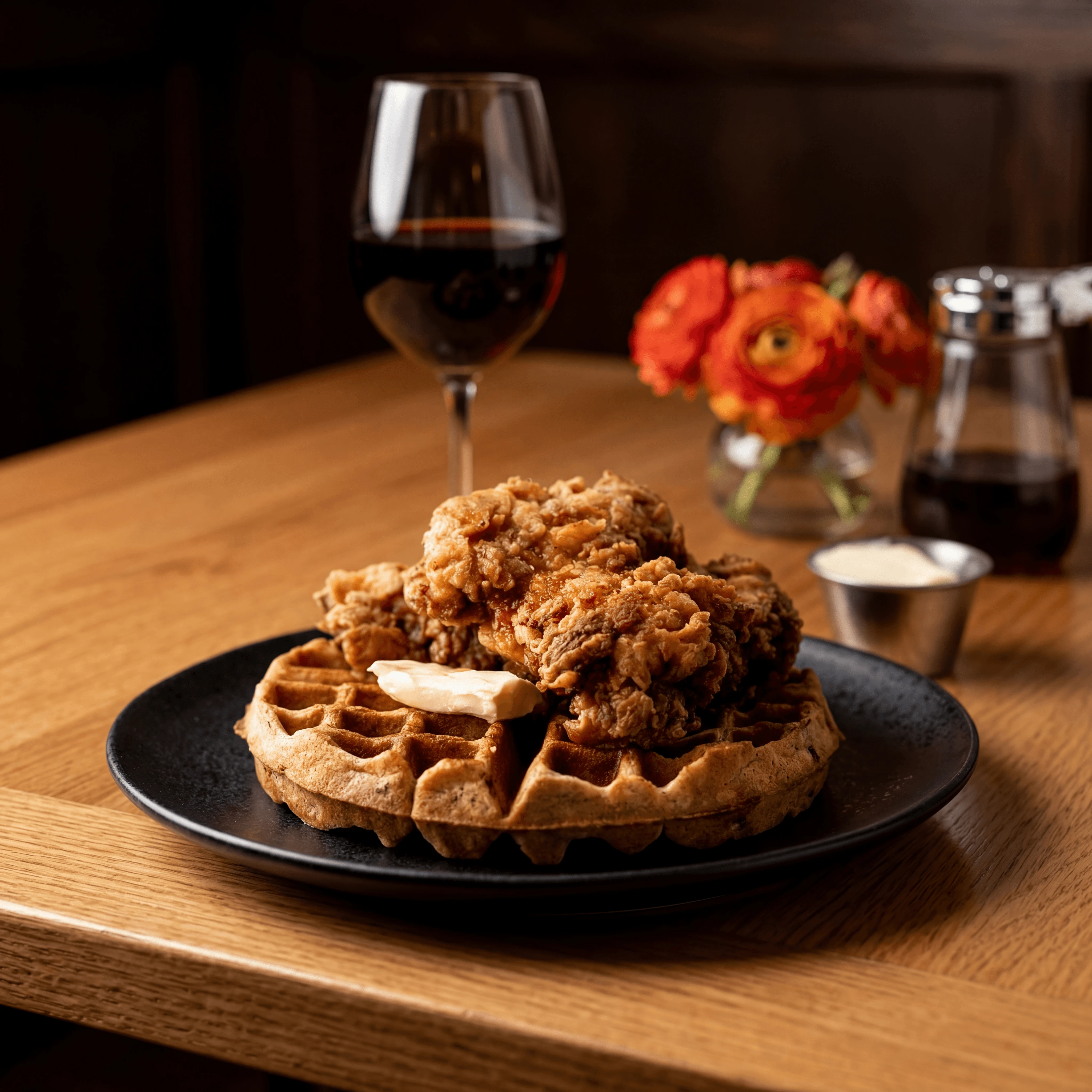 Fried chicken and waffles maple butter syrup brunch stack — Southern chicken photography