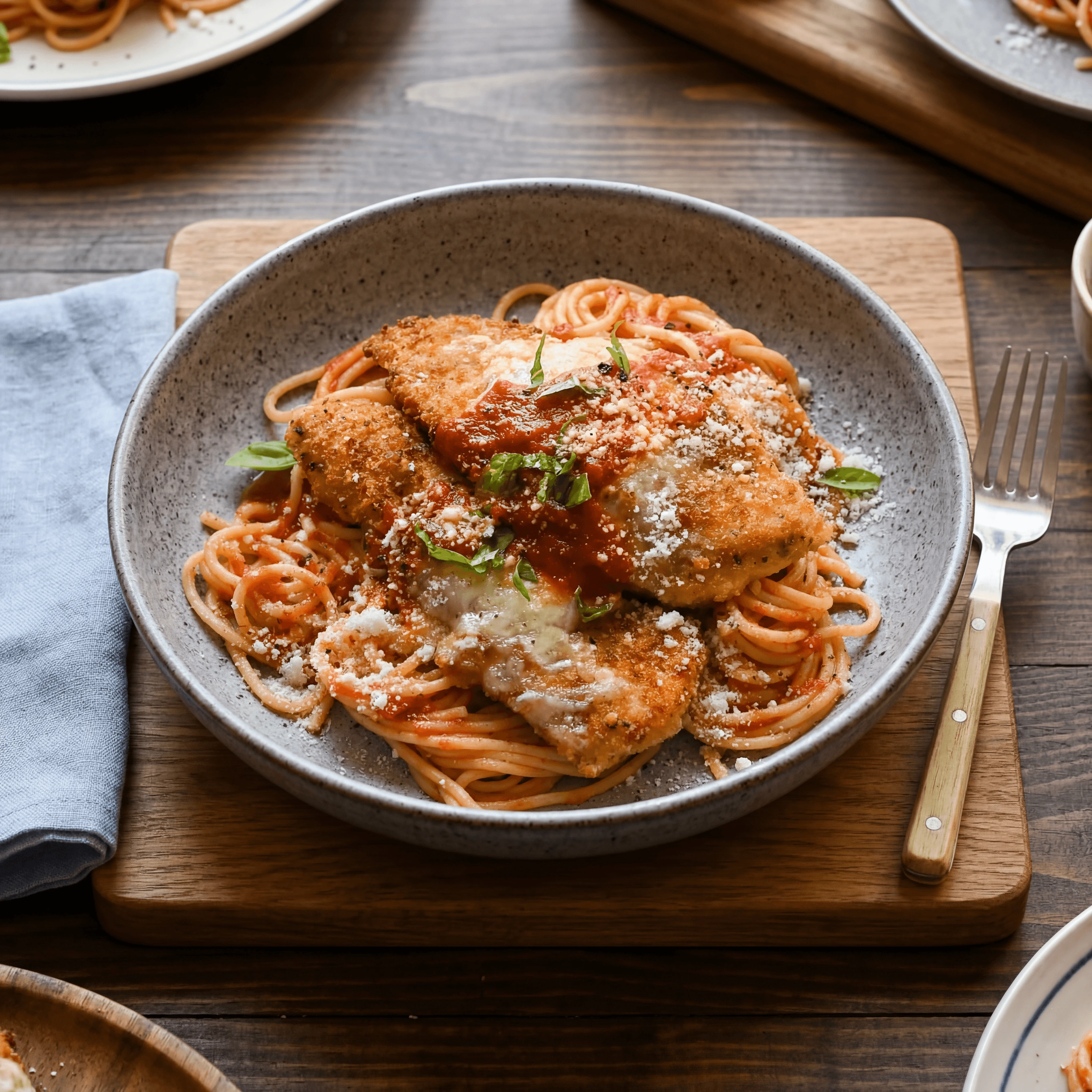 Chicken parmigiana melted mozzarella red sauce panko crust spaghetti — Italian-American chicken photography