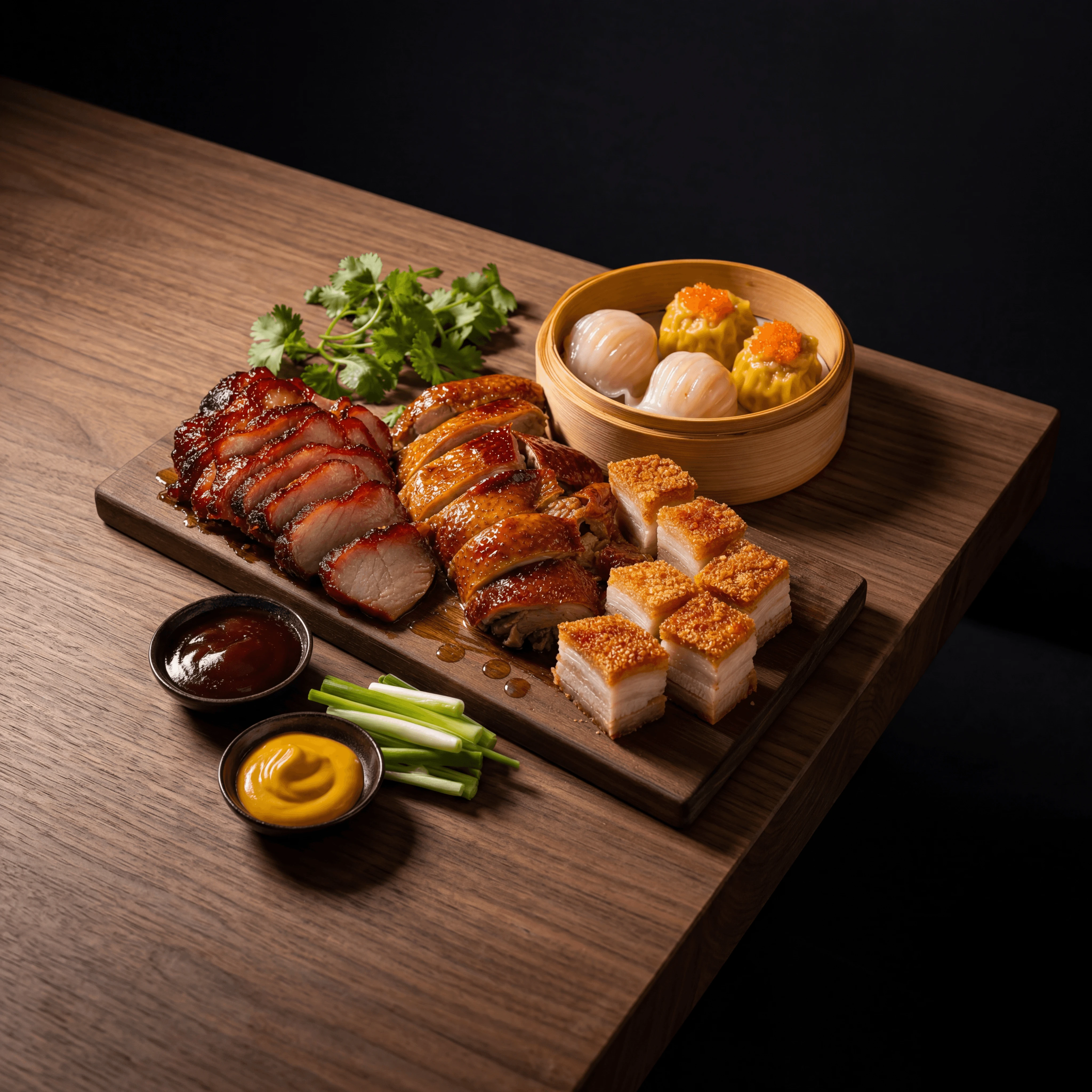 Cantonese roast trio char siu duck pork belly dim sum walnut — cantonese roasts card photography