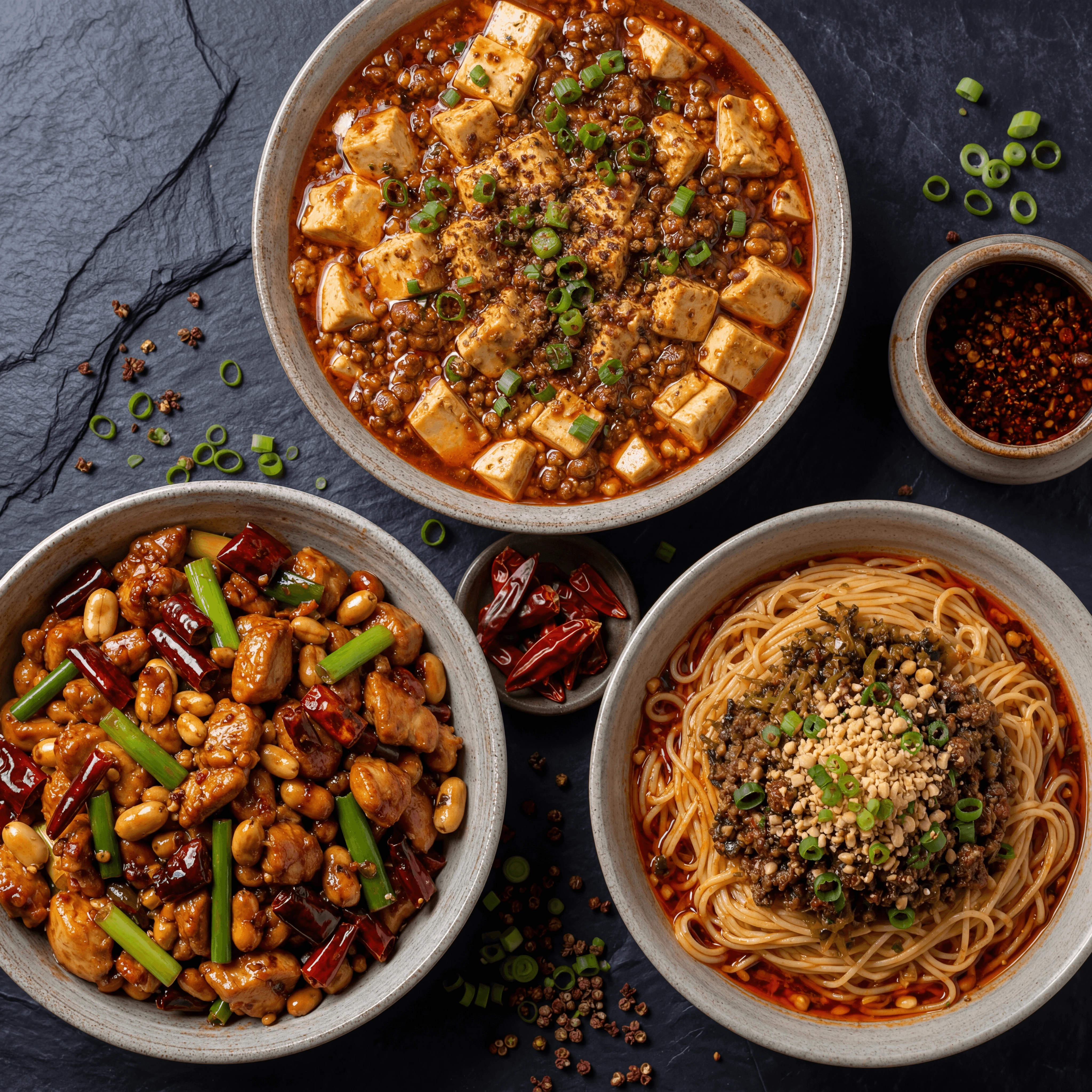 Sichuan trio mapo tofu kung pao dan dan red oil overhead slate — sichuan card photography