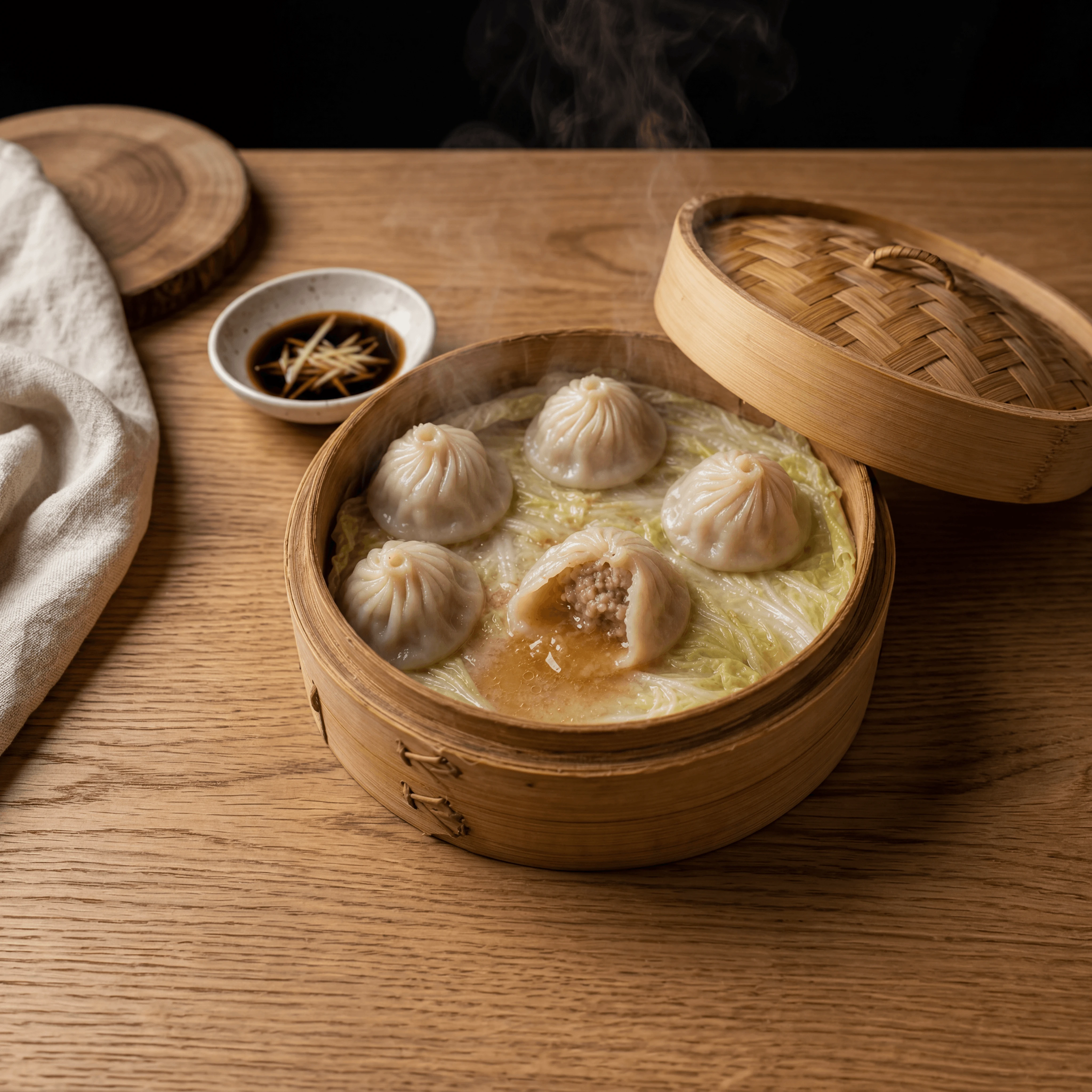 Xiao long bao broth burst macro bamboo steamer dark wood — soup dumpling card photography