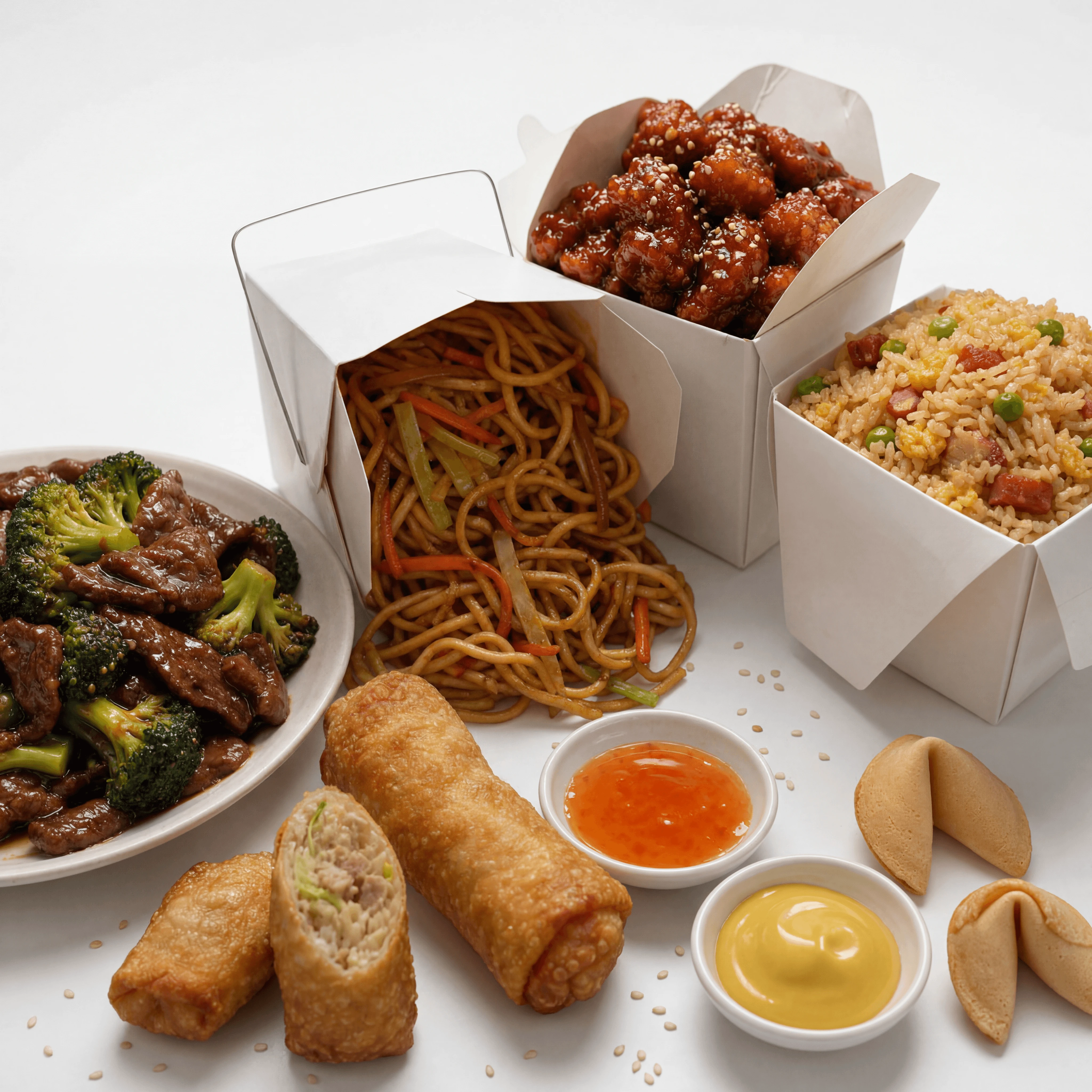 American Chinese takeout cartons general tso lo mein egg rolls dark — takeout card photography