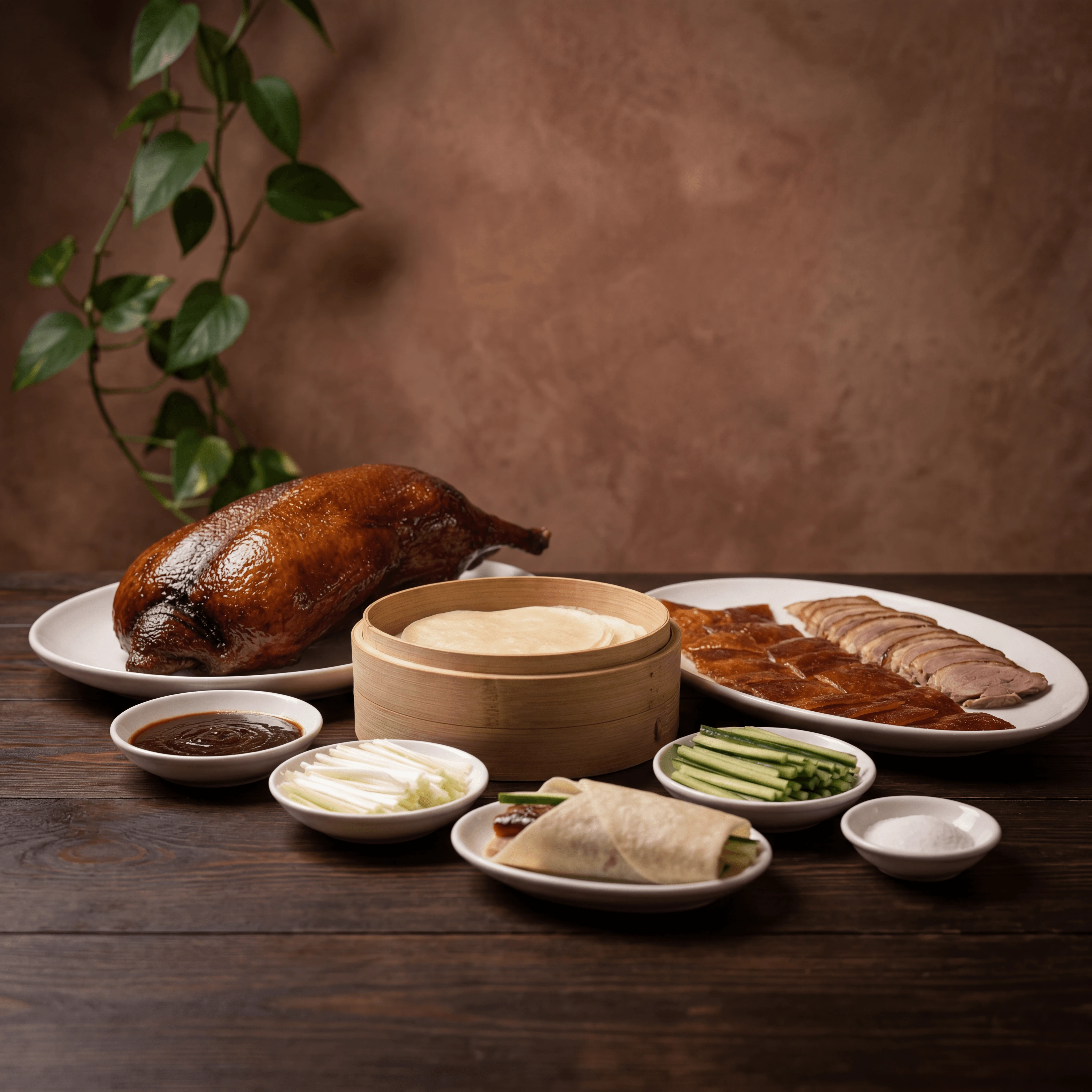 Peking duck whole lacquered carved skin pancakes rustic dark — peking duck card photography