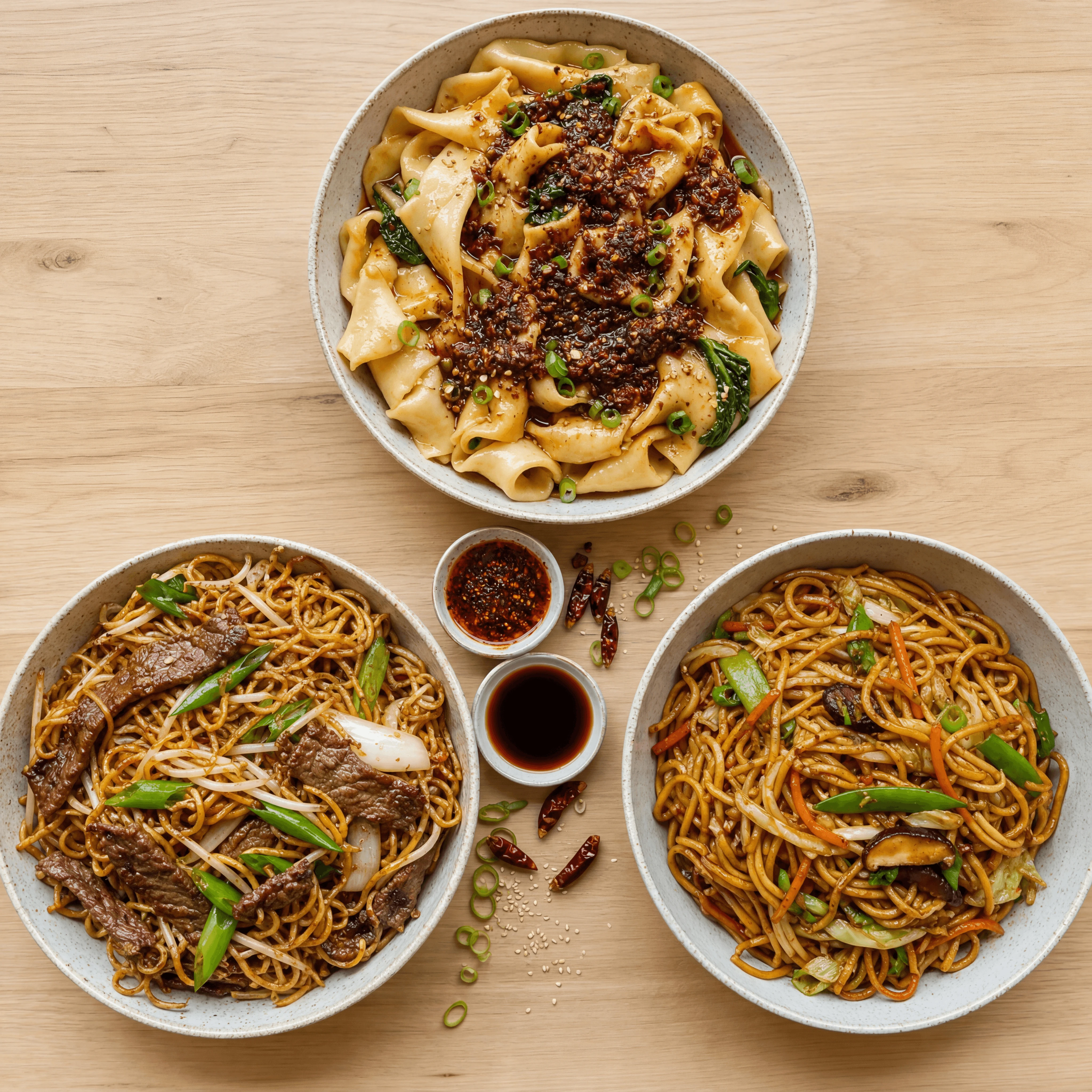 Chinese noodle trio biang biang lo mein chow mein overhead maple — noodle card photography