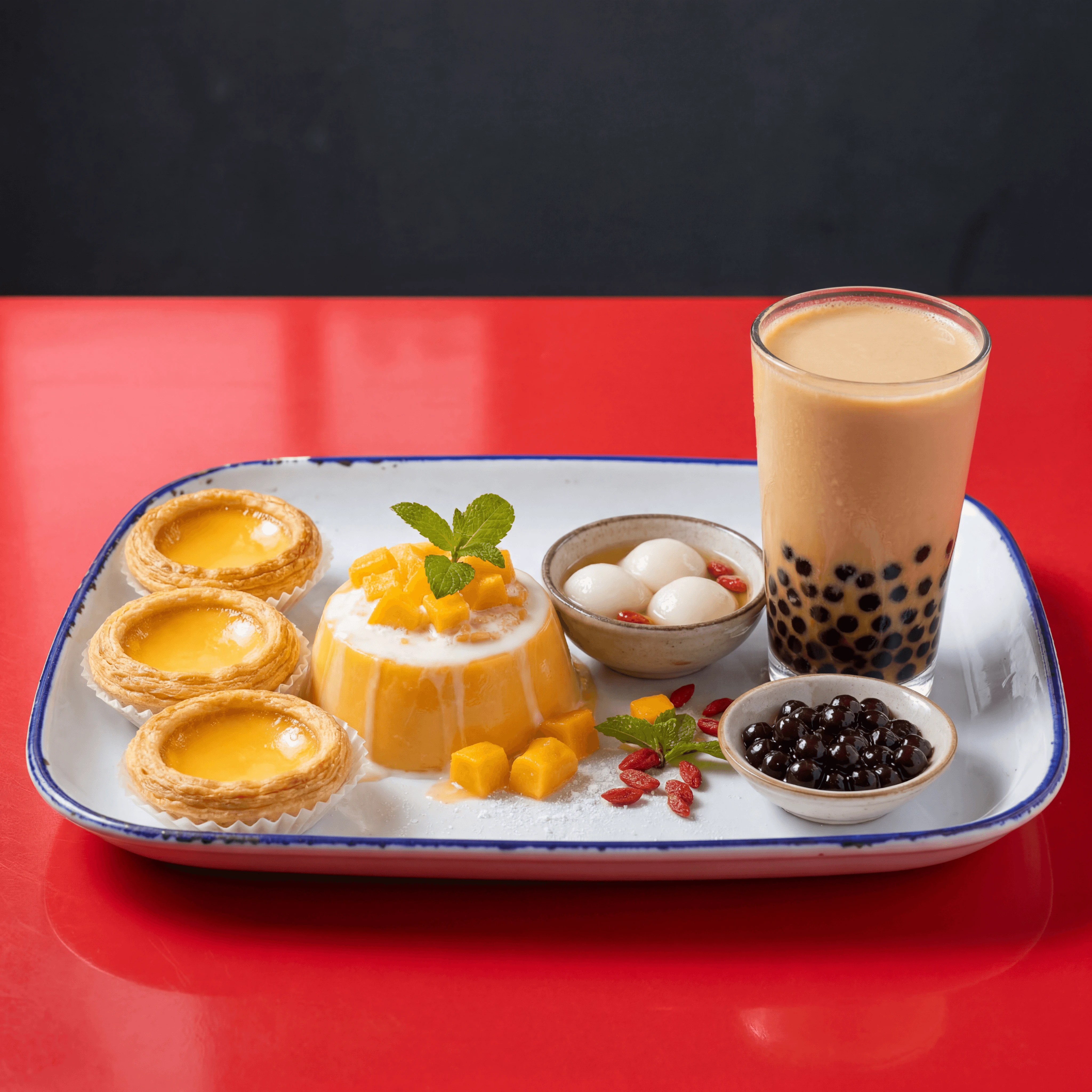 Chinese sweets egg tarts mango pudding tang yuan bubble tea red — sweets card photography