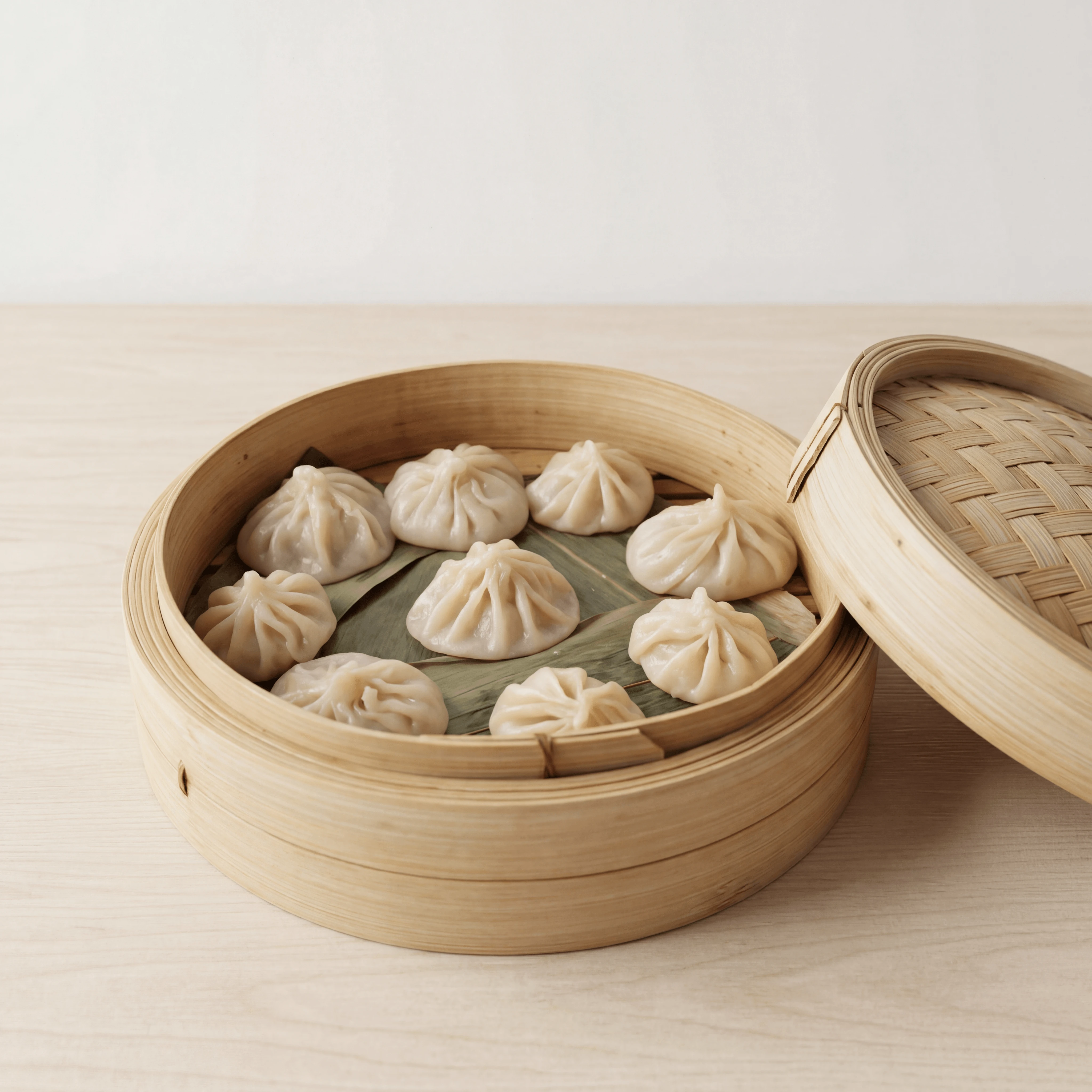 Xiao long bao bamboo steamer translucent pleated skins steam — xiao long bao hero photography