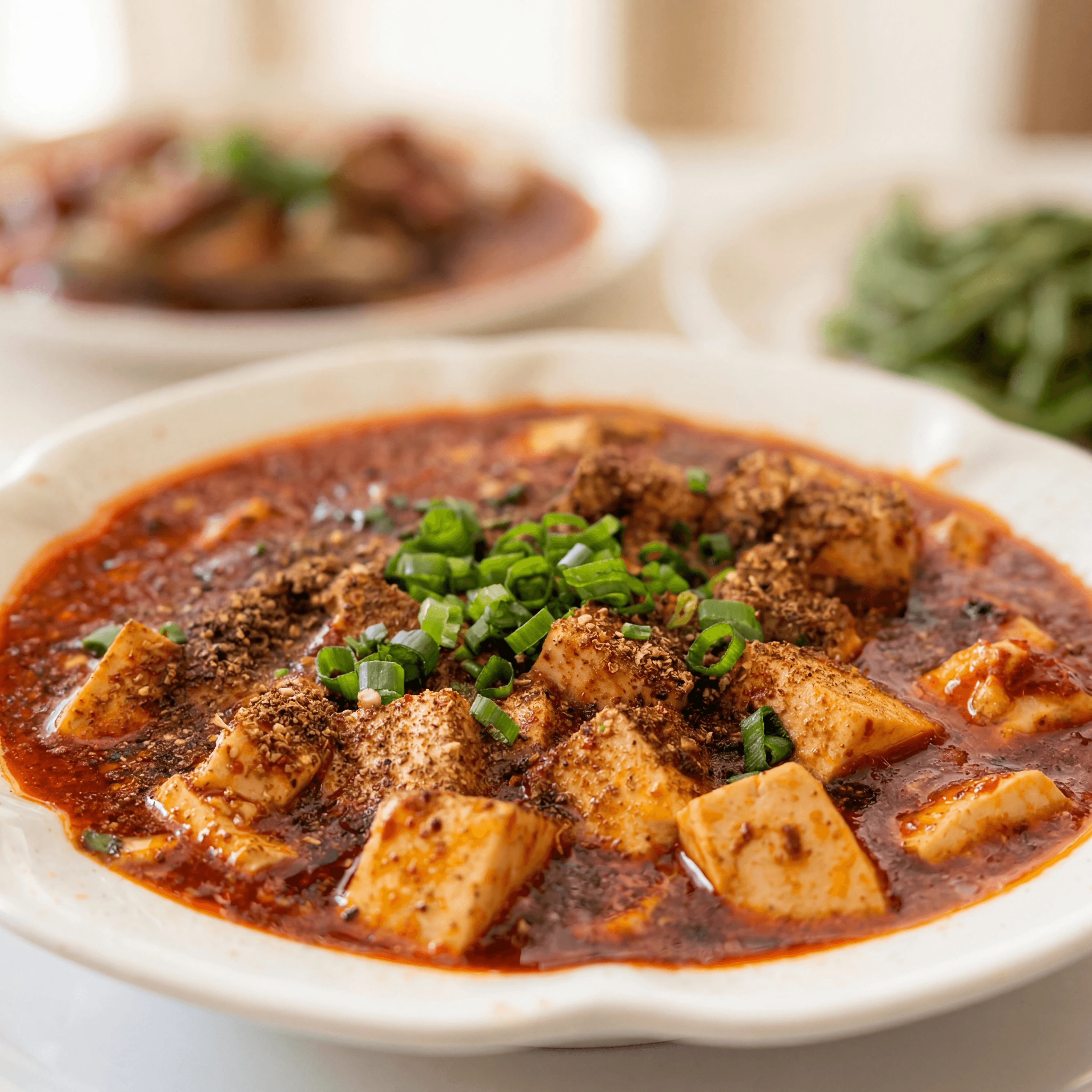Mapo tofu silken cubes crimson chili oil scallion peppercorn — mapo tofu hero photography