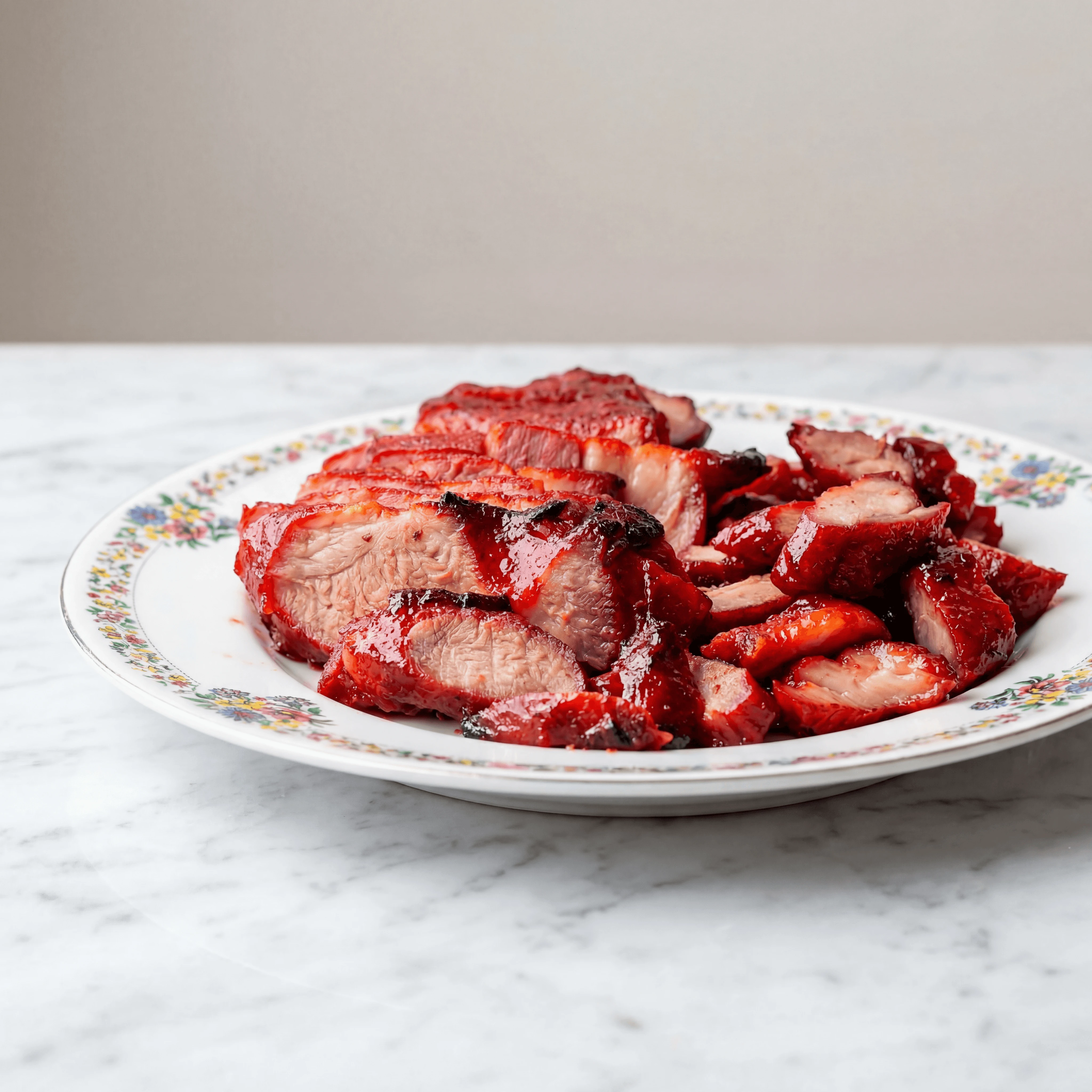Char siu barbecued pork lacquered crimson glaze sliced cascade — char siu hero photography