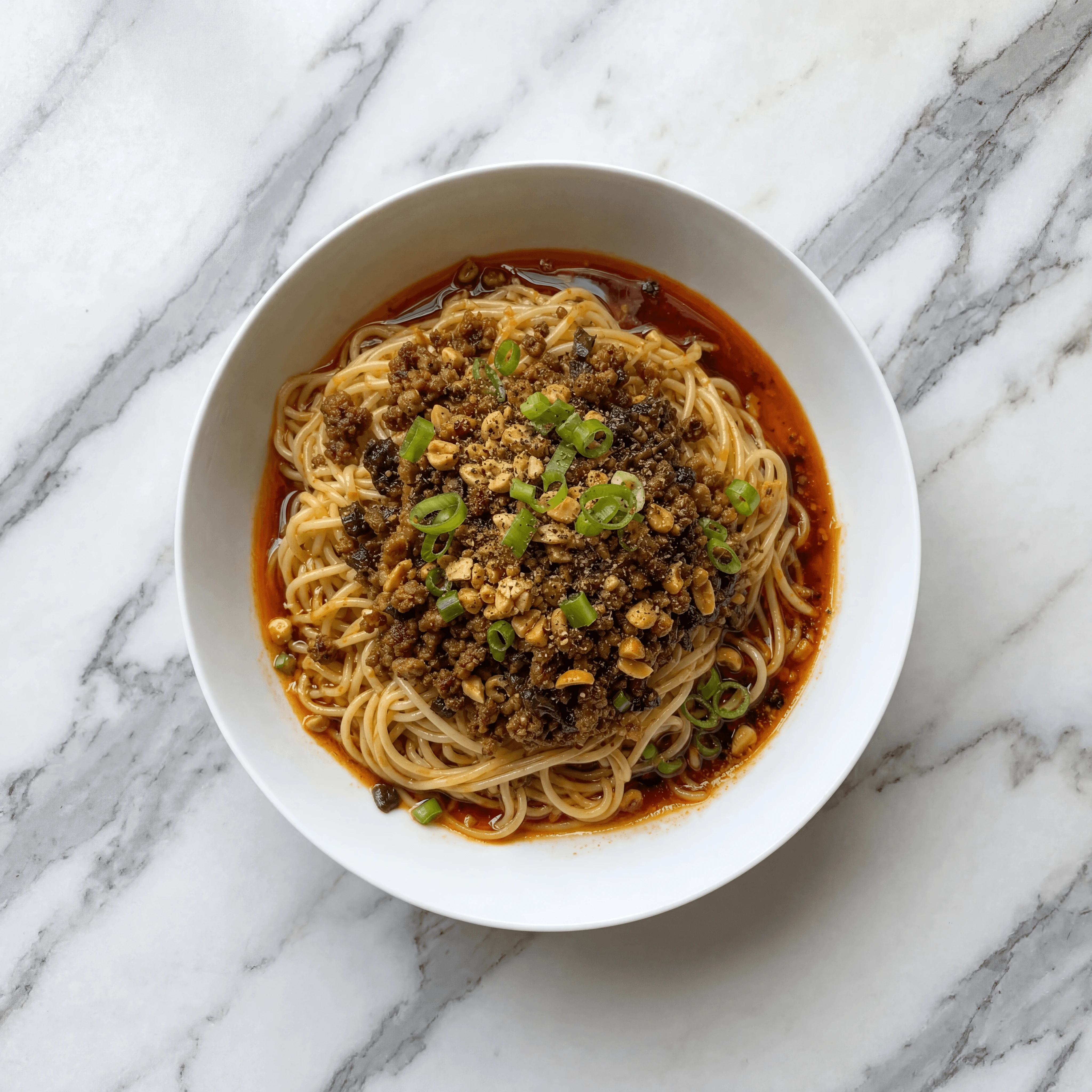 Dan dan noodles chili oil minced pork peanuts scallion overhead — dan dan noodles hero photography