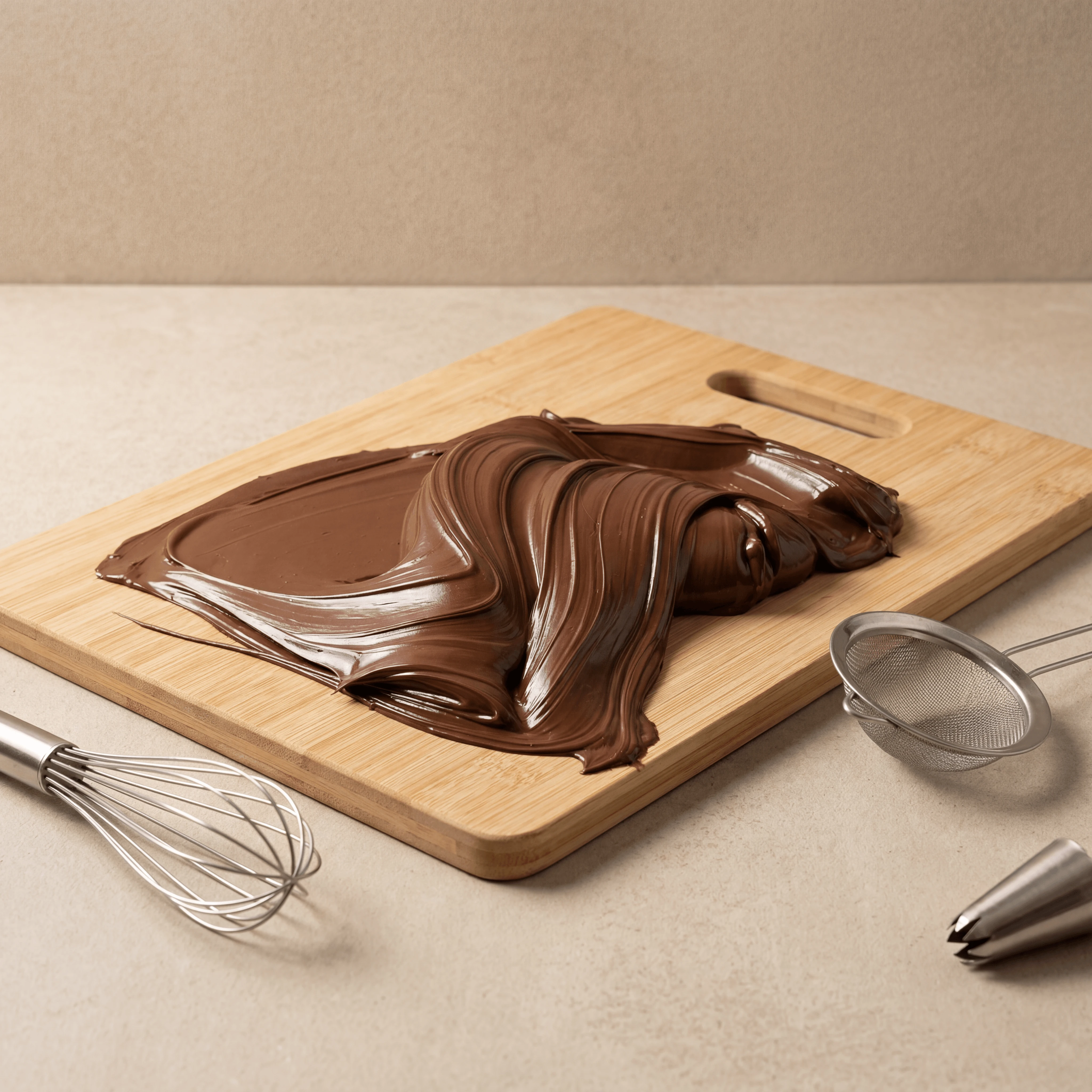 Tempering chocolate marble slab pour bench scraper — bean-to-bar workshop card photography