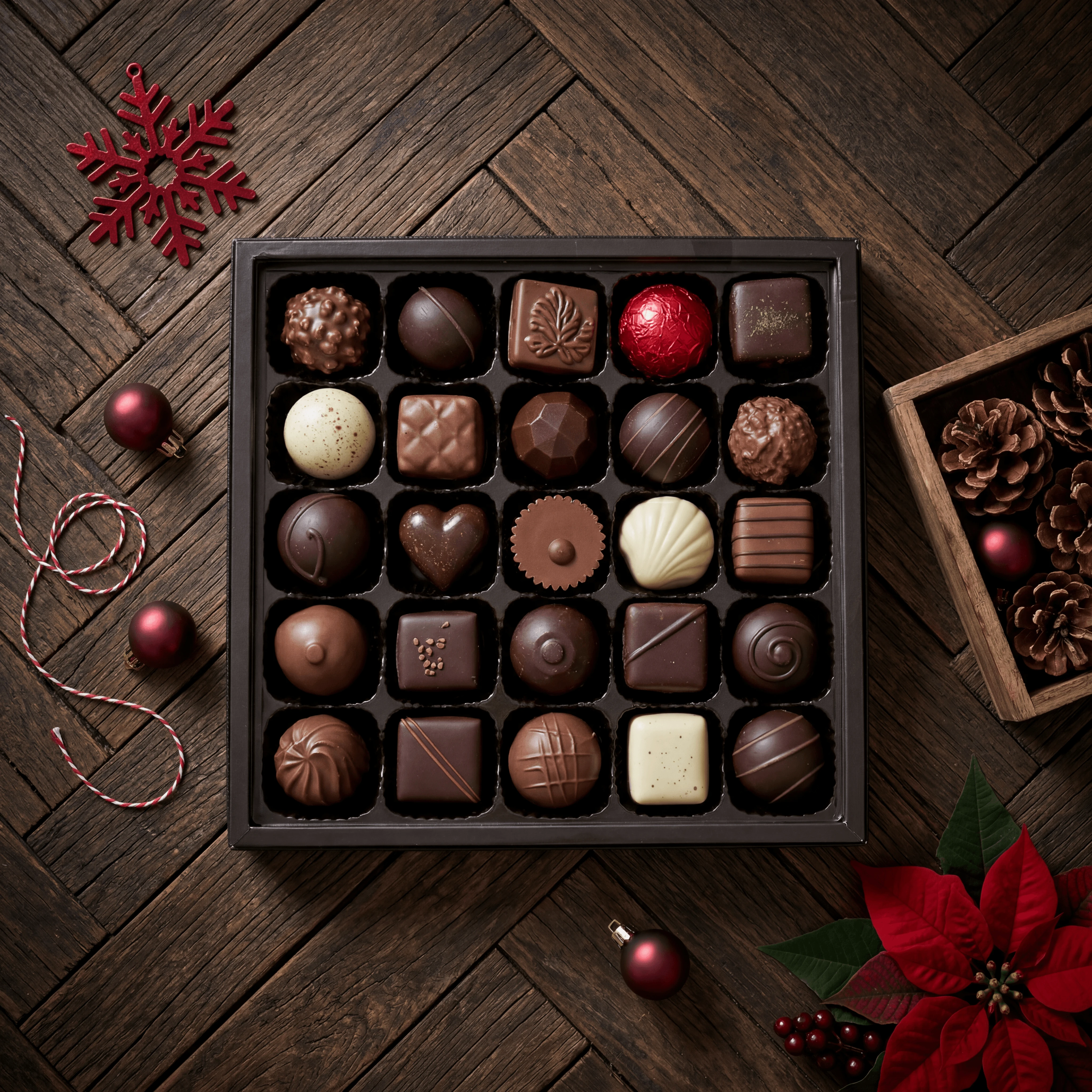 Open chocolate assortment box twenty four bonbons holiday — gift box chocolatier card photography
