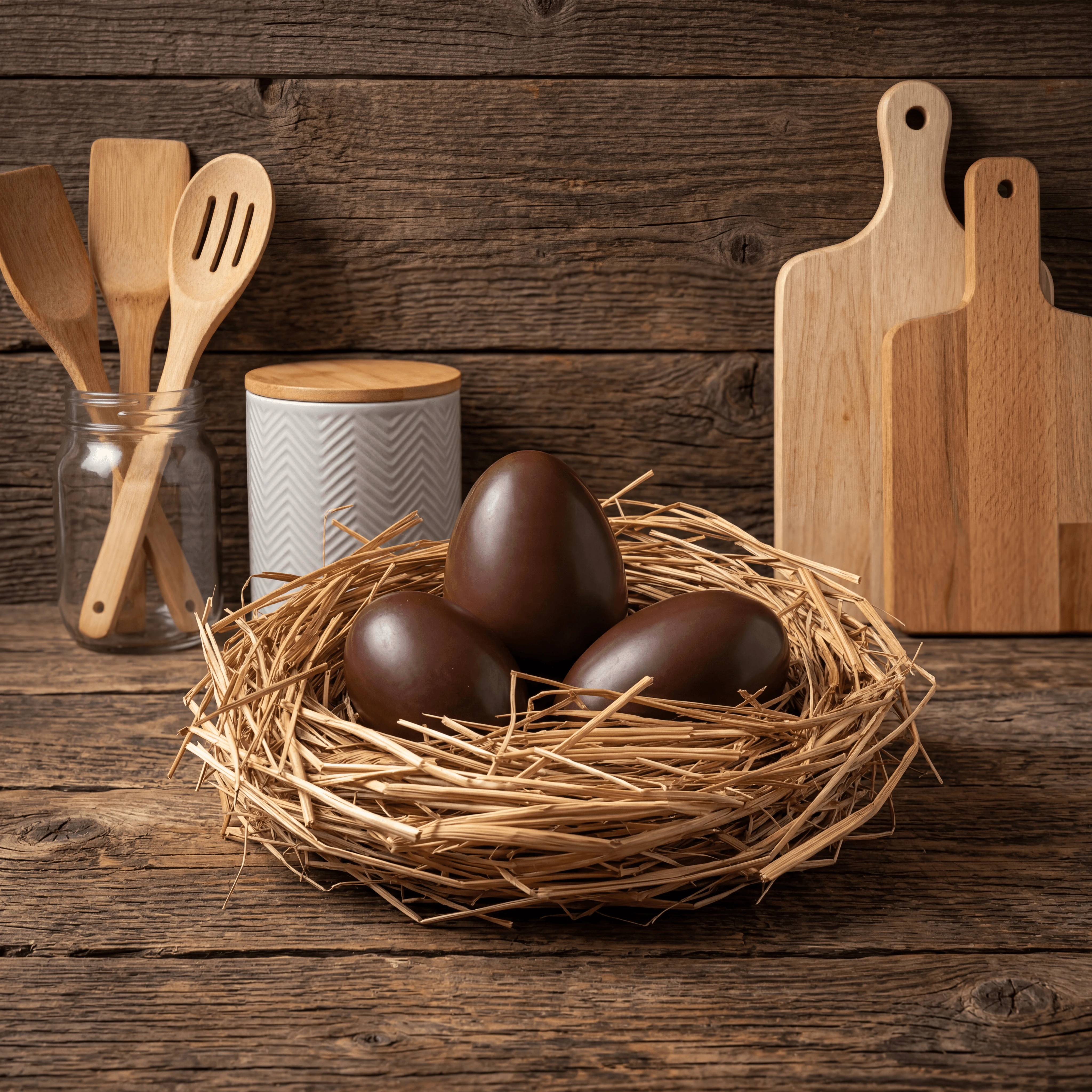 Hollow Easter chocolate eggs straw nest pastel — seasonal chocolatier card photography