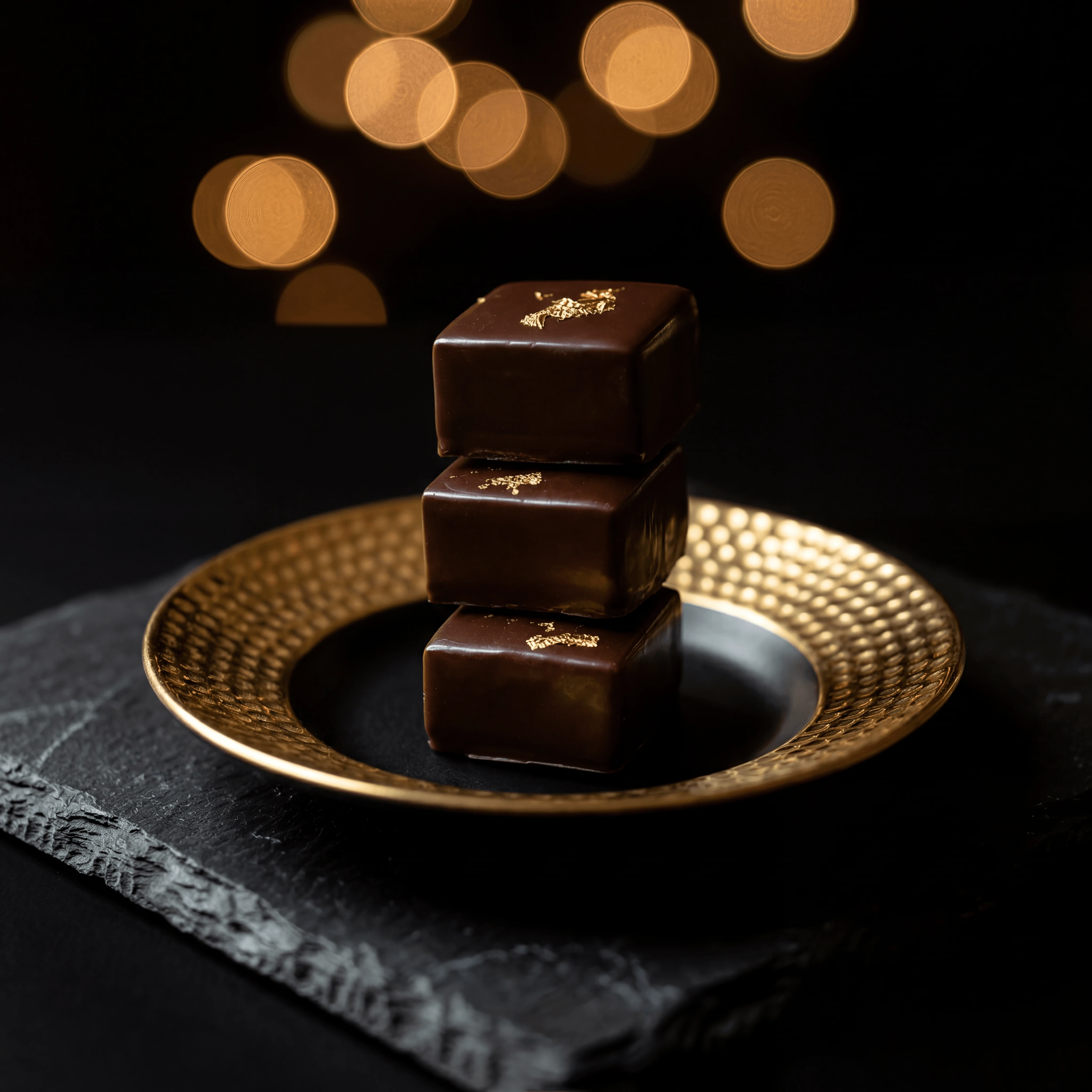 Stack of square chocolate pralines edible gold leaf — iconic chocolatier photography FAQ sidebar