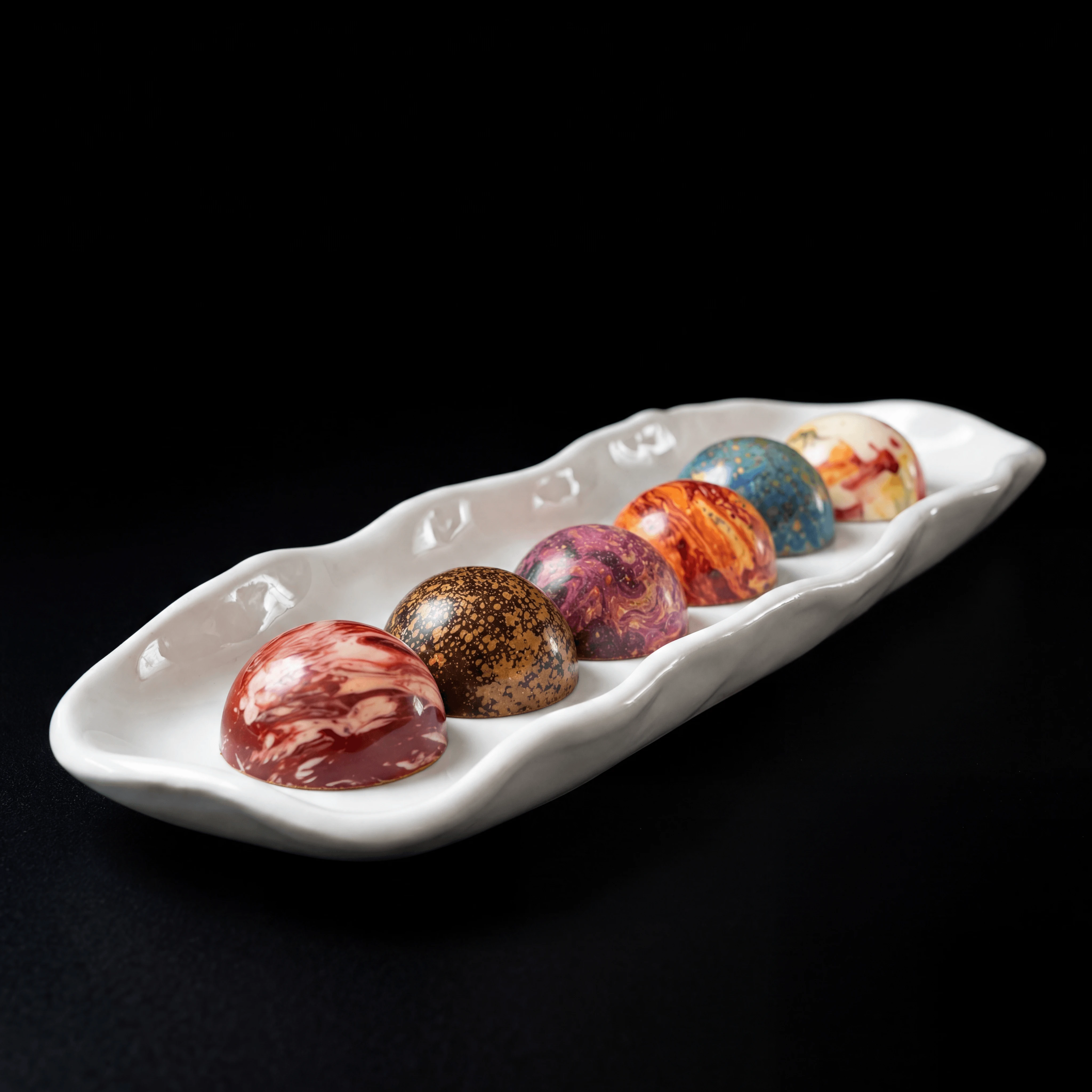 Hand-painted bonbon assortment marbled cocoa butter shells velvet — chocolatier hero photography
