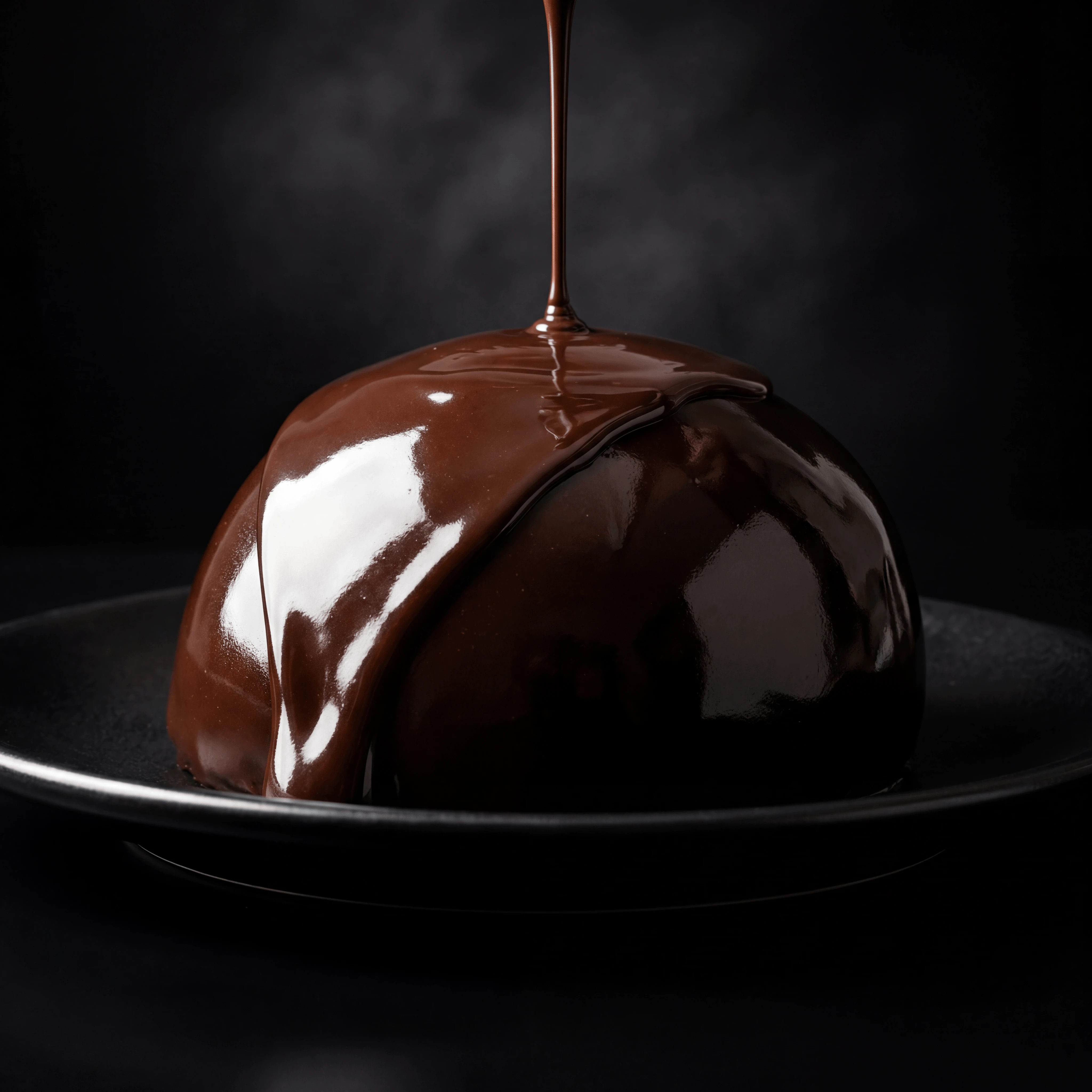 Chocolate ganache pour mid-stream cascading over dome dessert — pâtisserie chocolatier hero photography