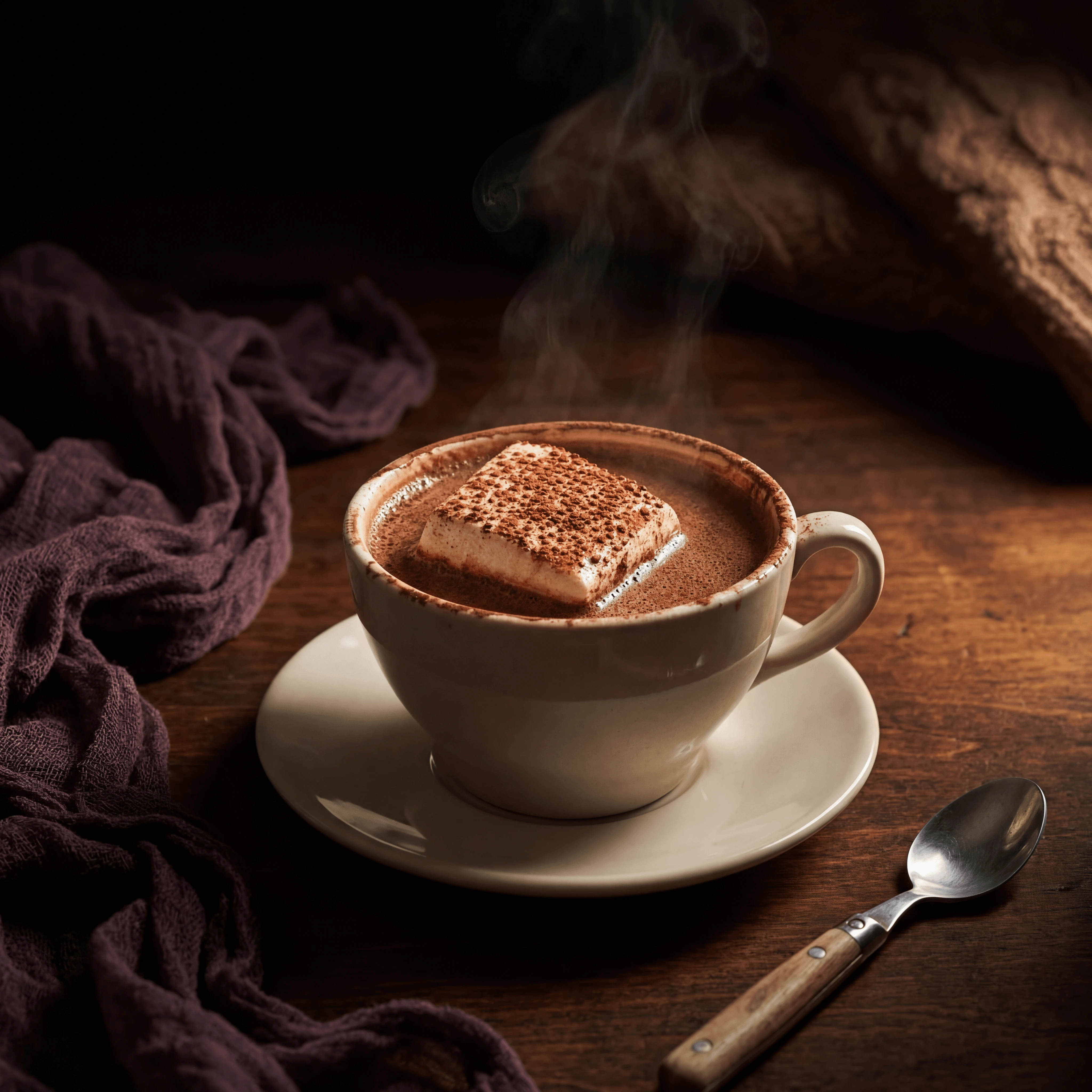 Parisian hot chocolate chocolat chaud porcelain cup cocoa dusting marshmallow — drinking chocolate hero photography
