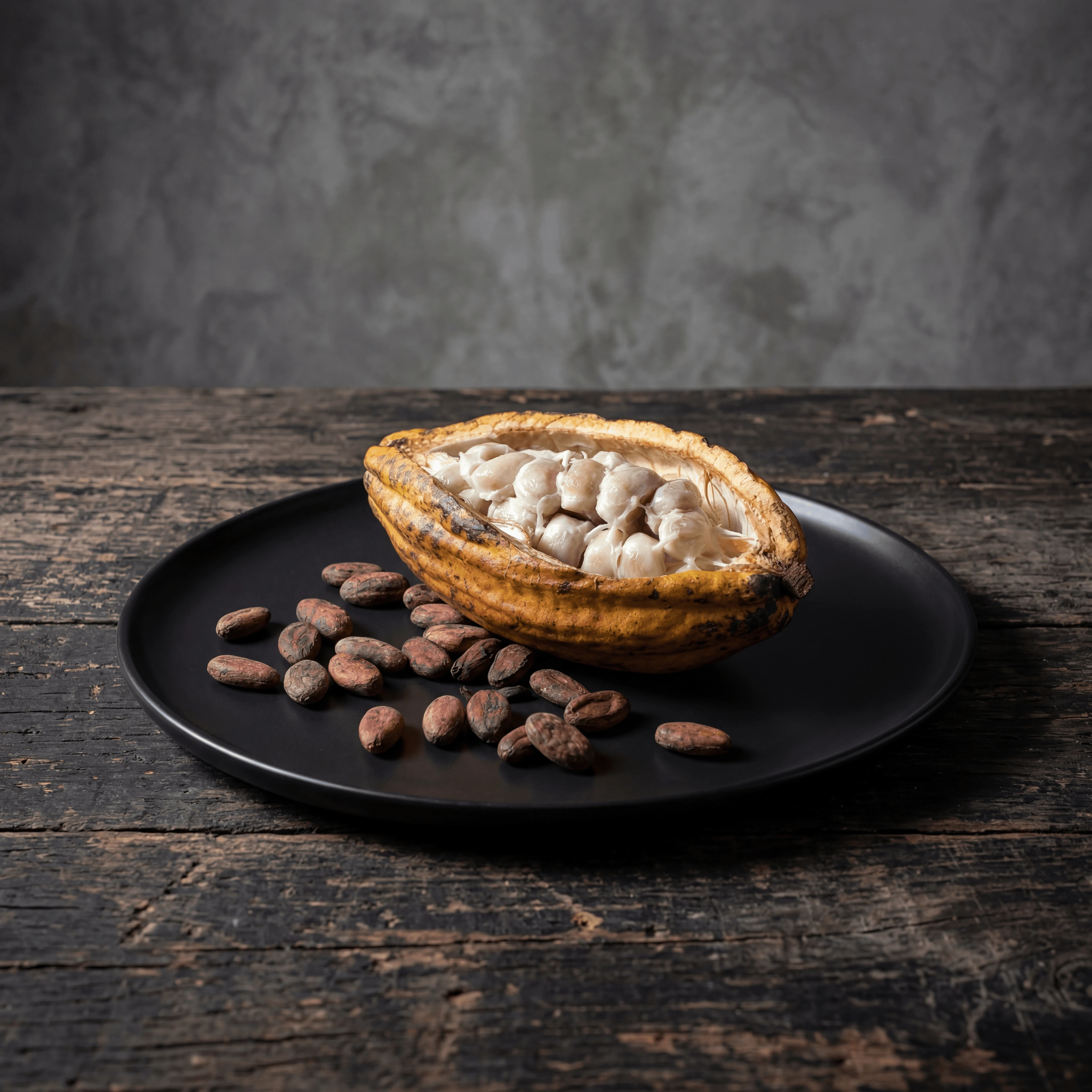 Cracked cocoa pods yellow pulp dark beans tropical bean-to-bar — single origin chocolatier hero photography