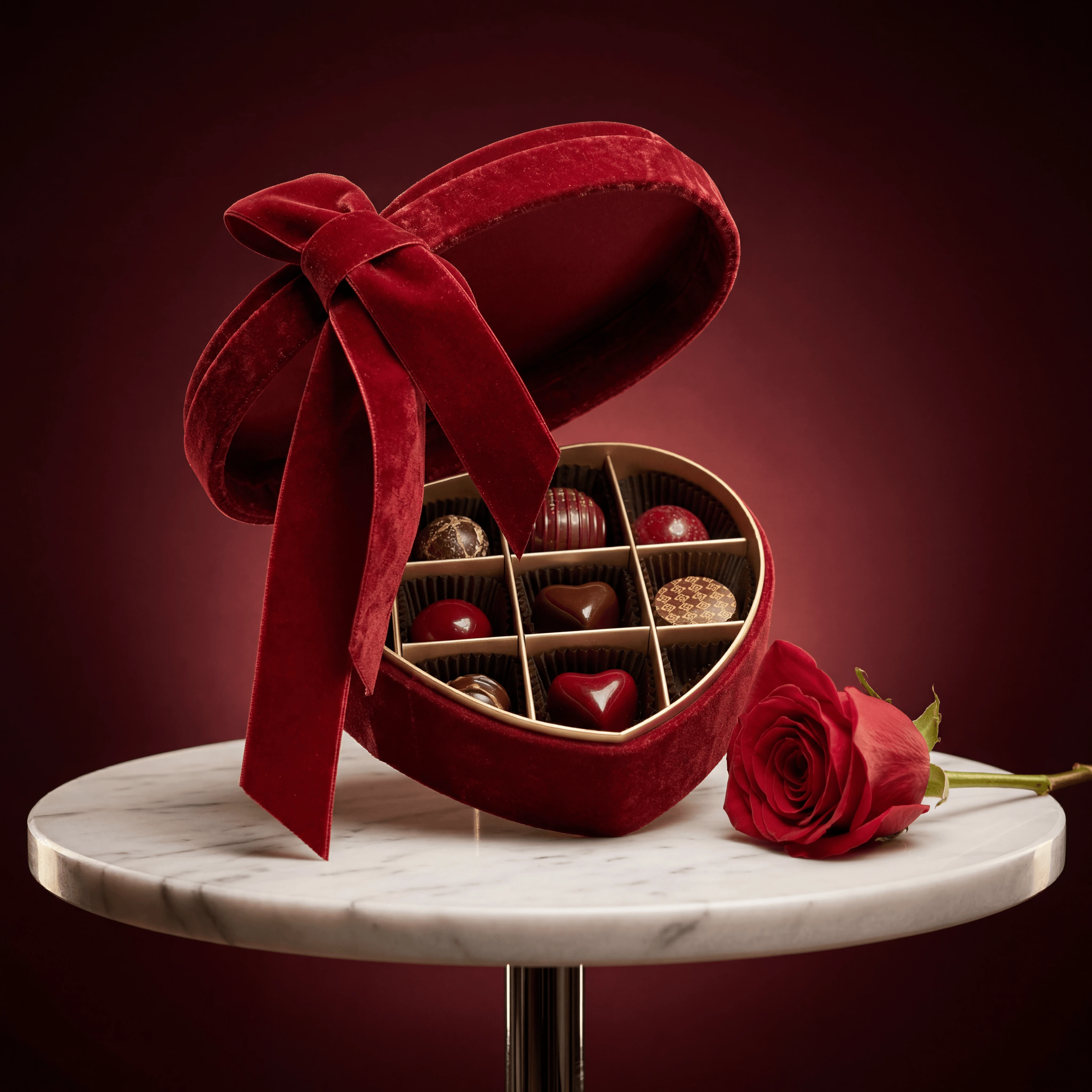Heart-shaped Valentine chocolate gift box red ribbon — seasonal chocolatier hero photography