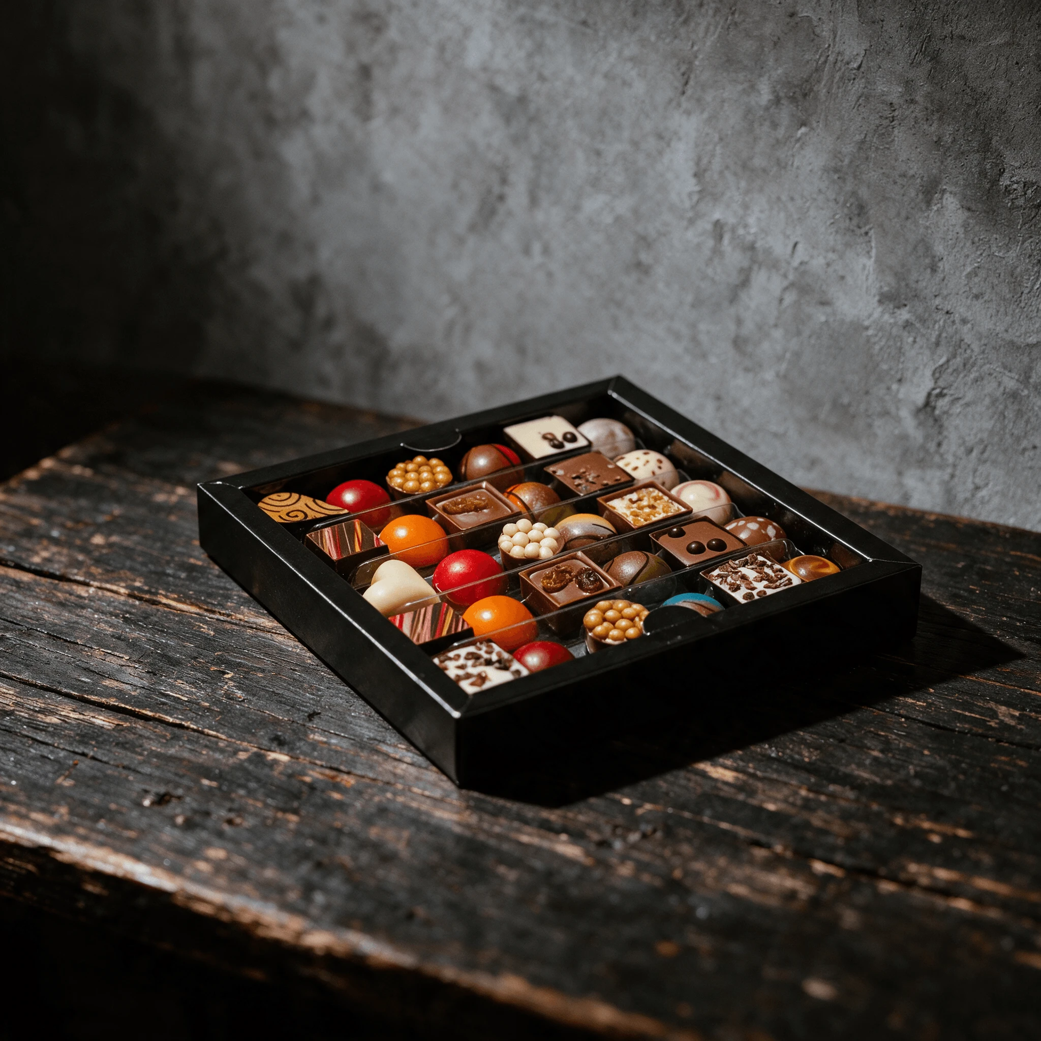 Open sixteen piece bonbon collection box with glossy hand painted chocolates seated in dark brown paper cups on weathered dark wood