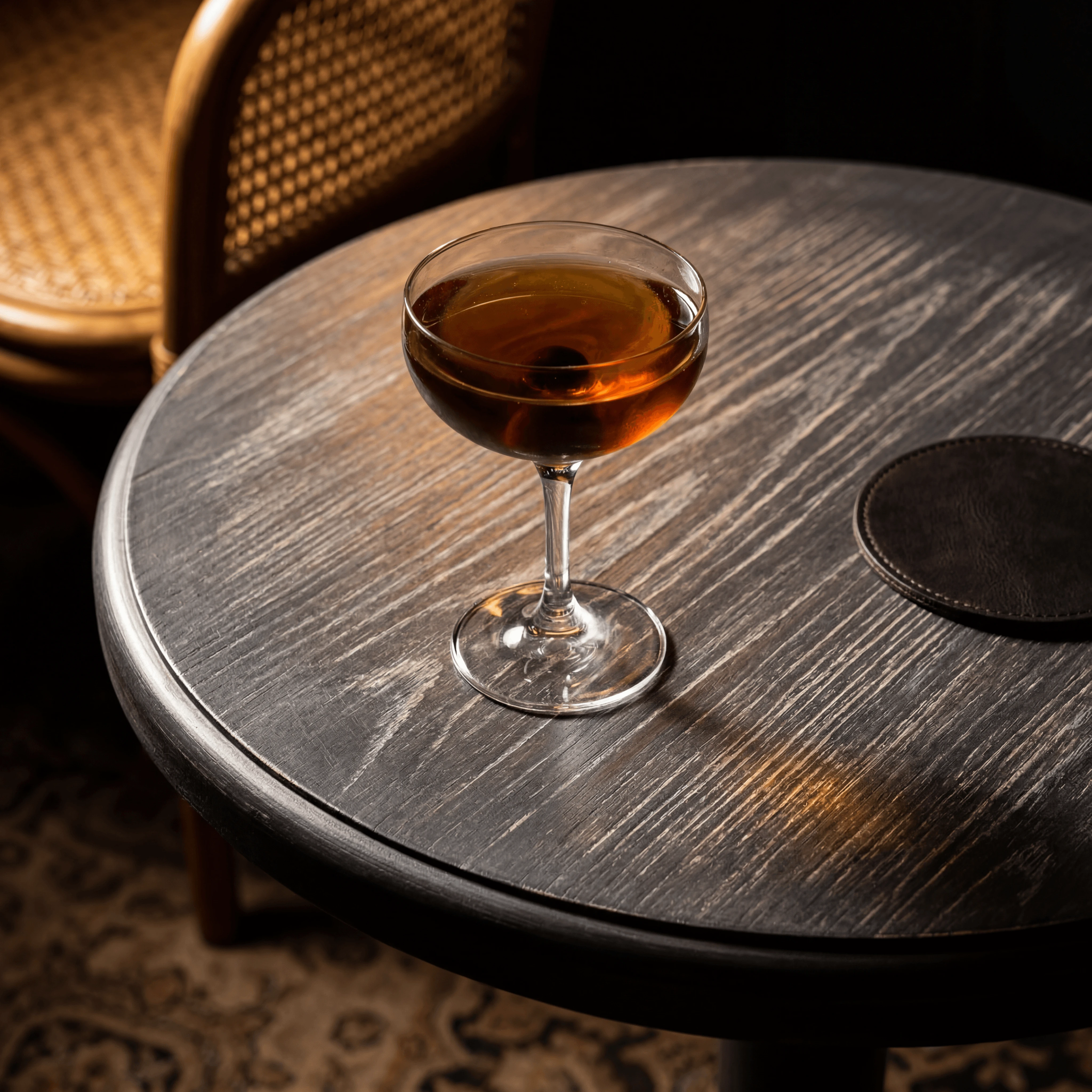 Manhattan cocktail coupe glass cherry — classic stirred cocktail card photography
