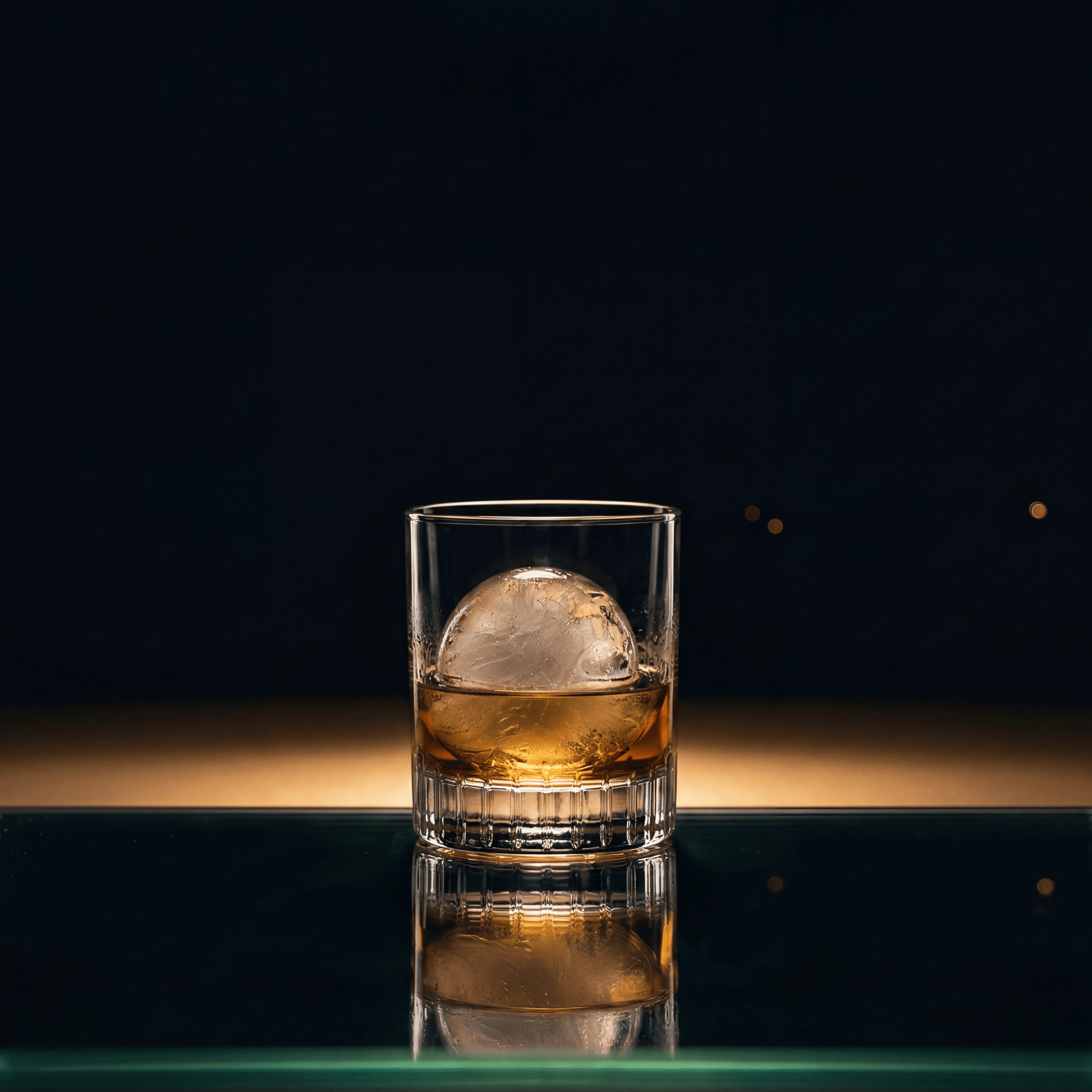 Single large hand cut clear ice cube whiskey scotch lowball glass — ice clarity card photography
