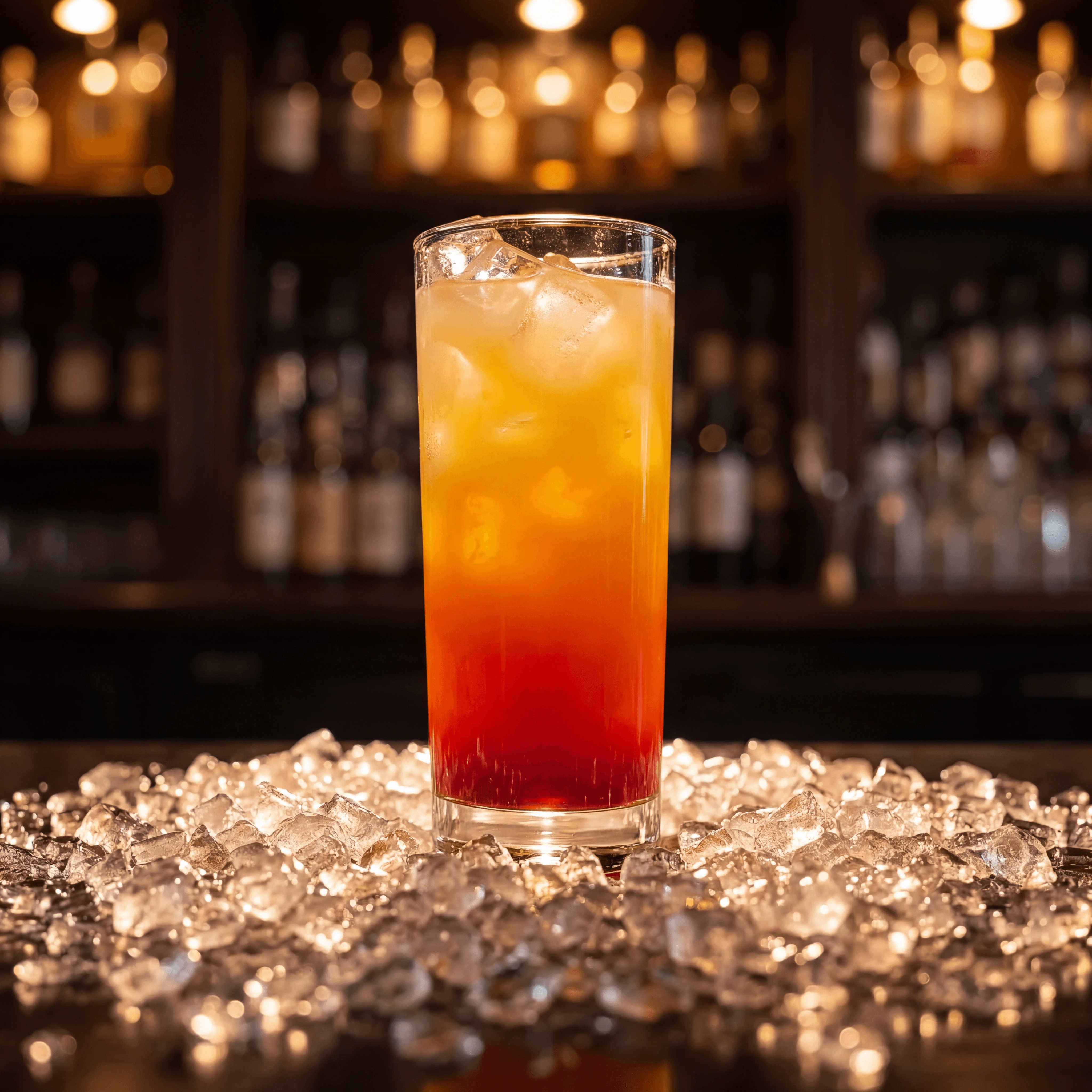 Tequila Sunrise cocktail orange red gradient highball — layered cocktail card photography