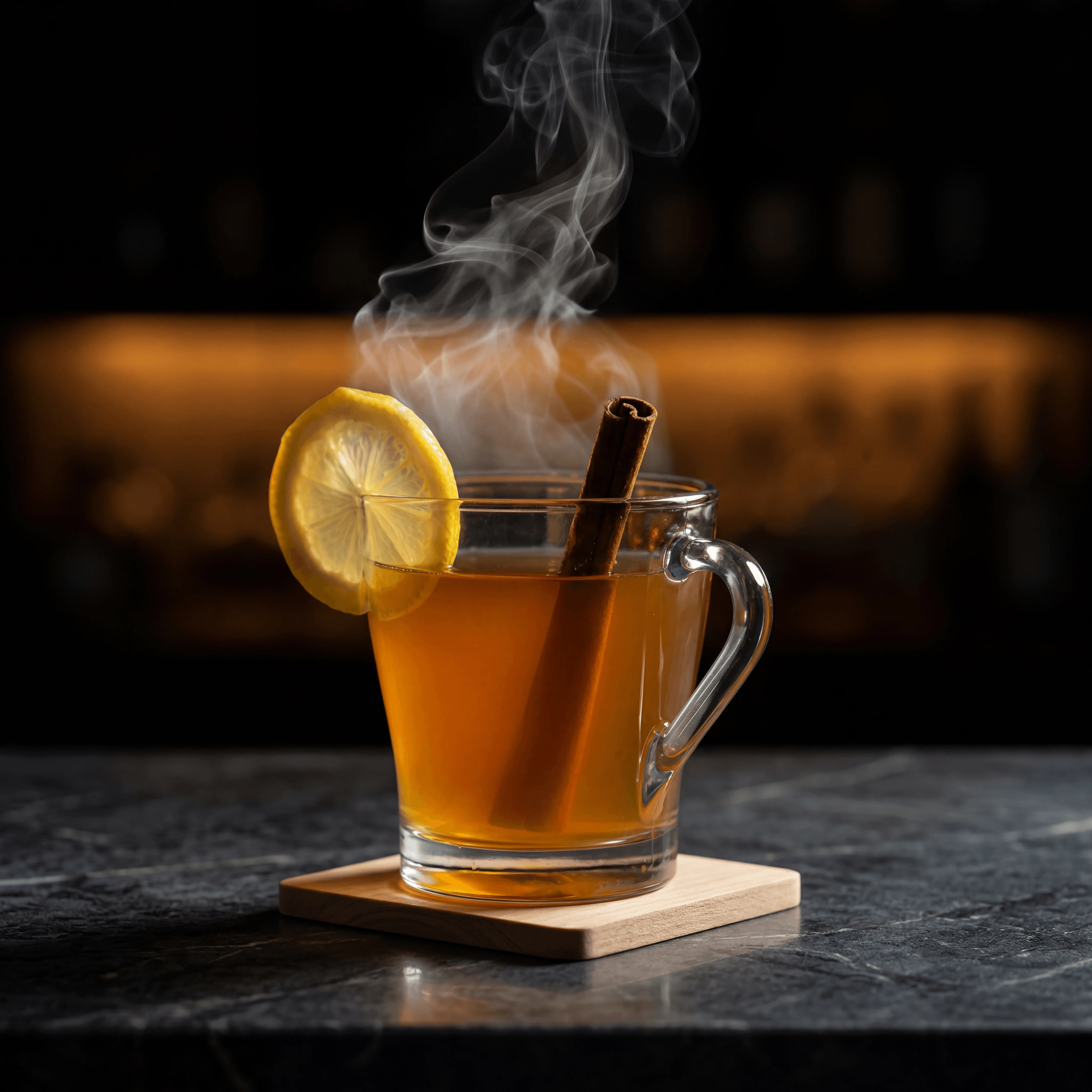 Hot toddy bourbon glass cinnamon stick lemon — seasonal hot cocktail card photography