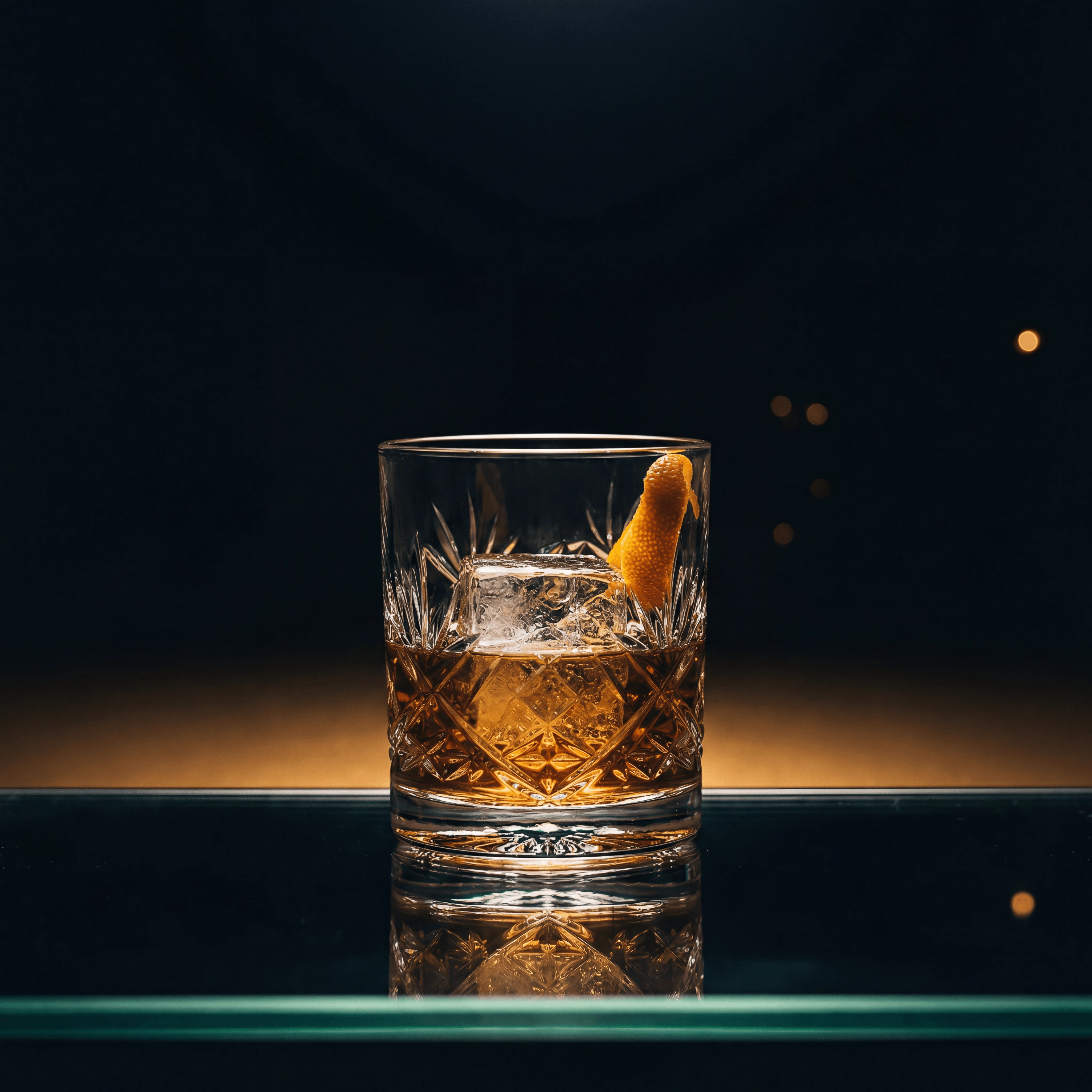 Old Fashioned bourbon lowball single large clear ice cube orange peel — whiskey cocktail hero photography