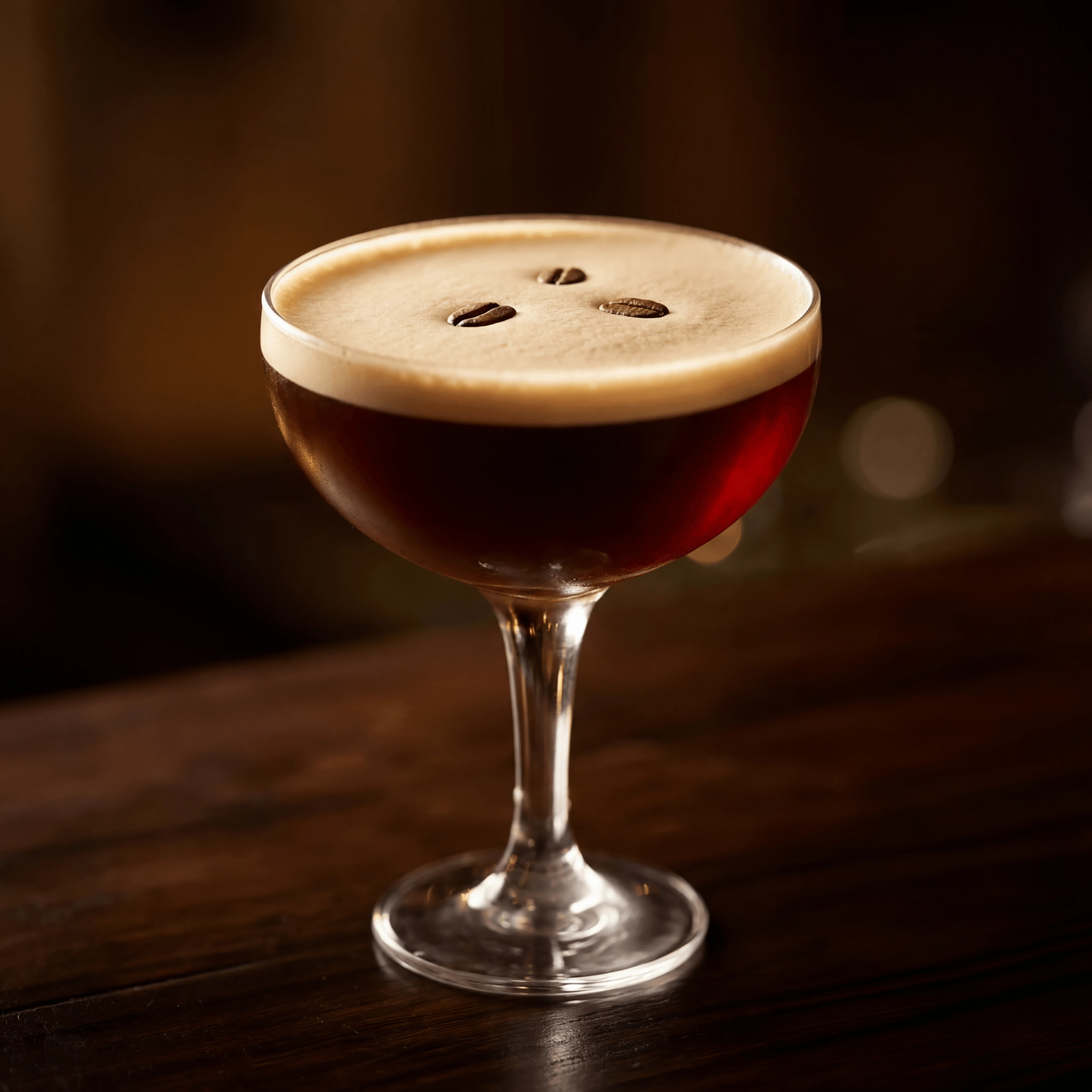 Espresso martini foam top three espresso beans crystal coupe — cocktail hero photography