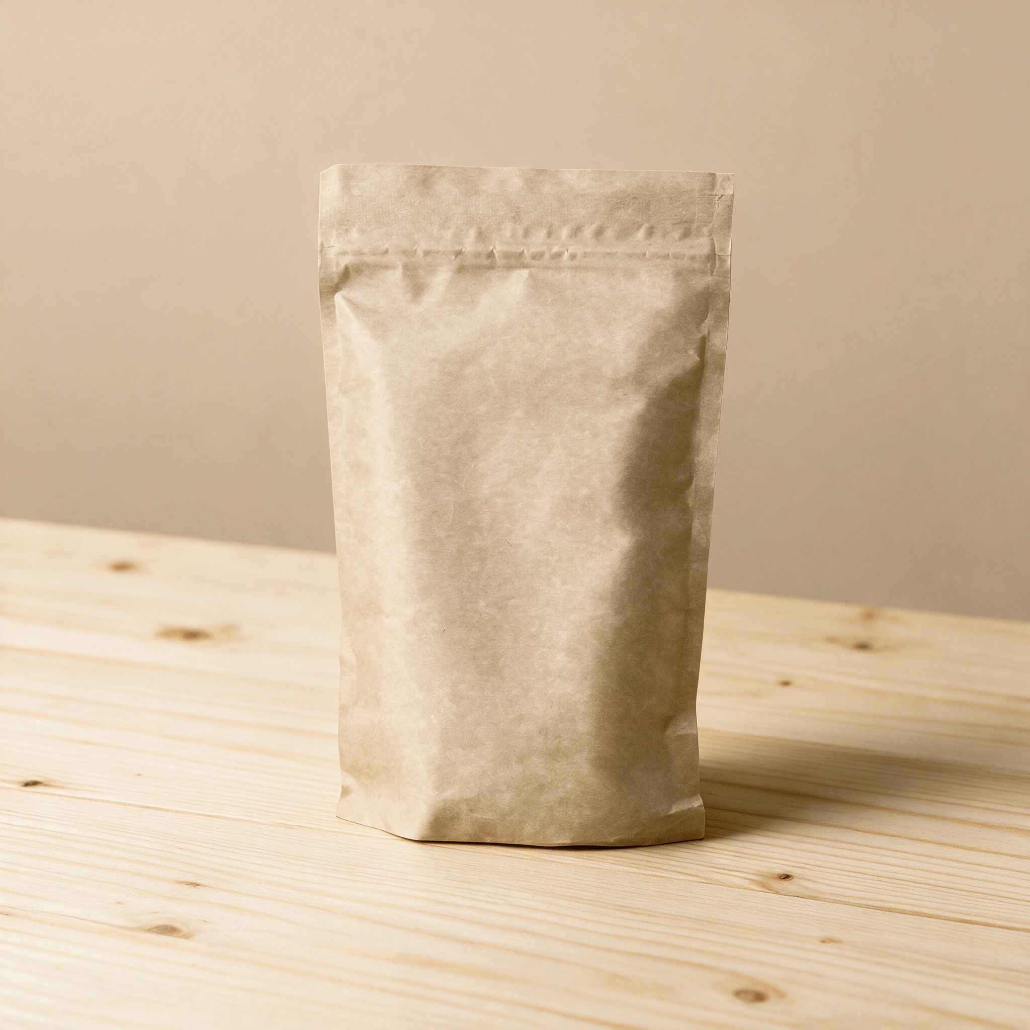 Single blank kraft coffee pouch standing upright with a round degassing valve on a pale pine table against a warm beige wall