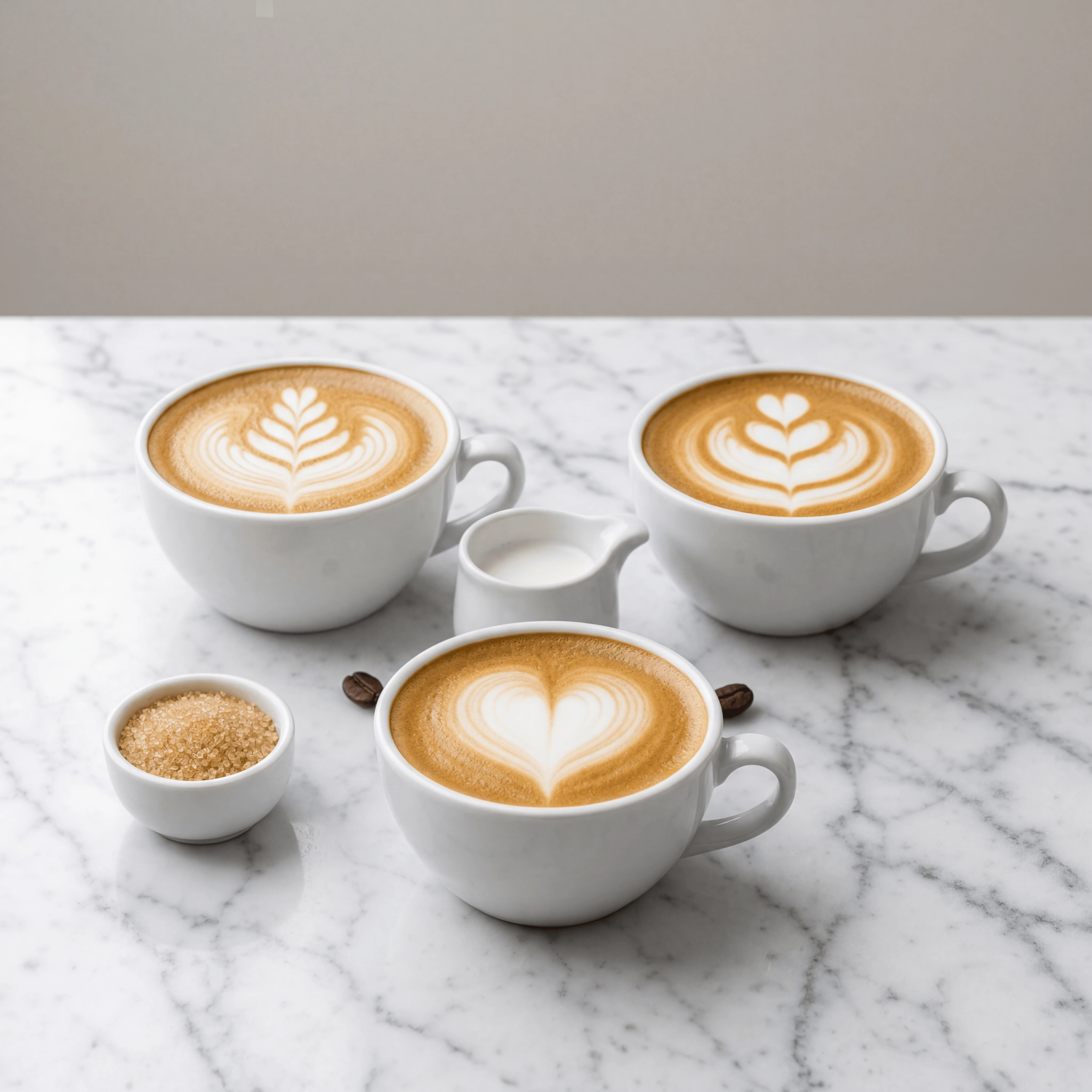 Latte art rosetta heart tulip flat lay marble three cups — latte art card photography