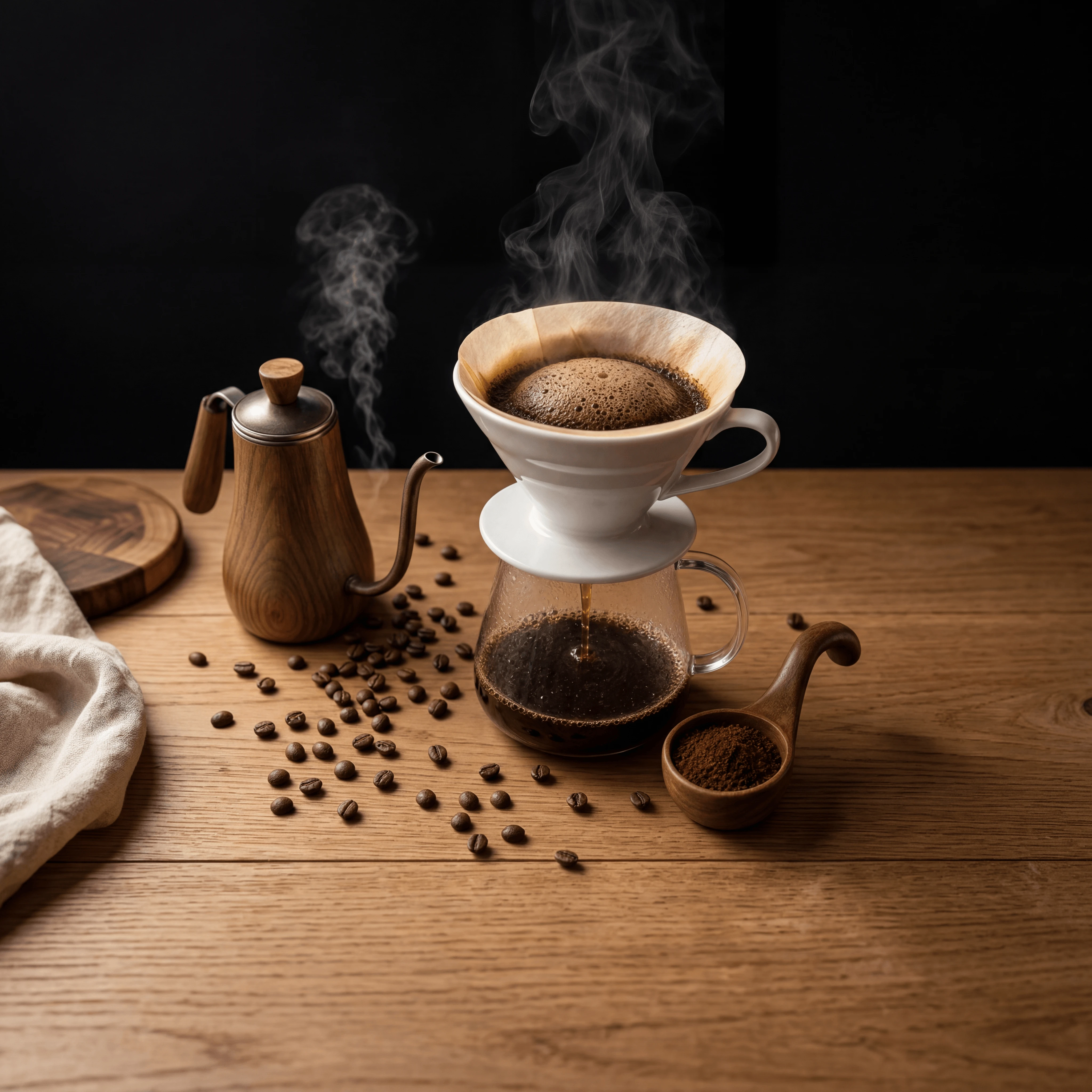 V60 pour over coffee ceramic dripper filter coffee bloom warm cozy dark — pour over card photography
